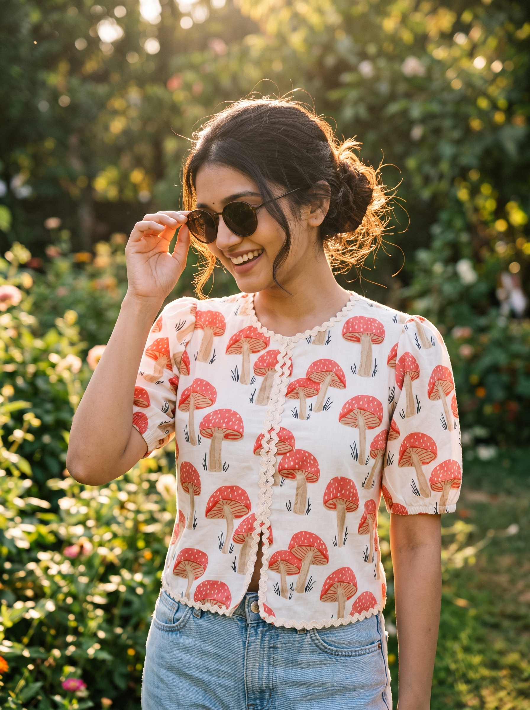 Crop Top #129 – Handloom Organic Cotton Top with Mushroom Print in Ivory White