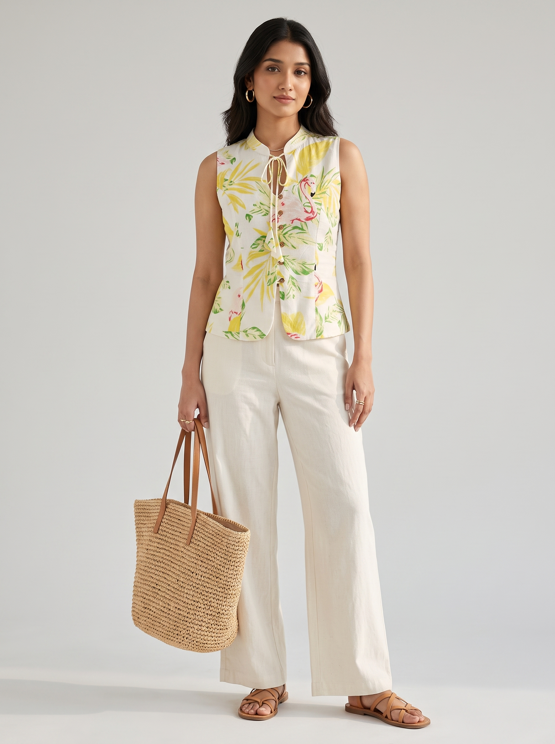 Crop Top #131 – Handloom Organic Cotton Top with Tropical Leaf & Flamingo Print in Ivory White