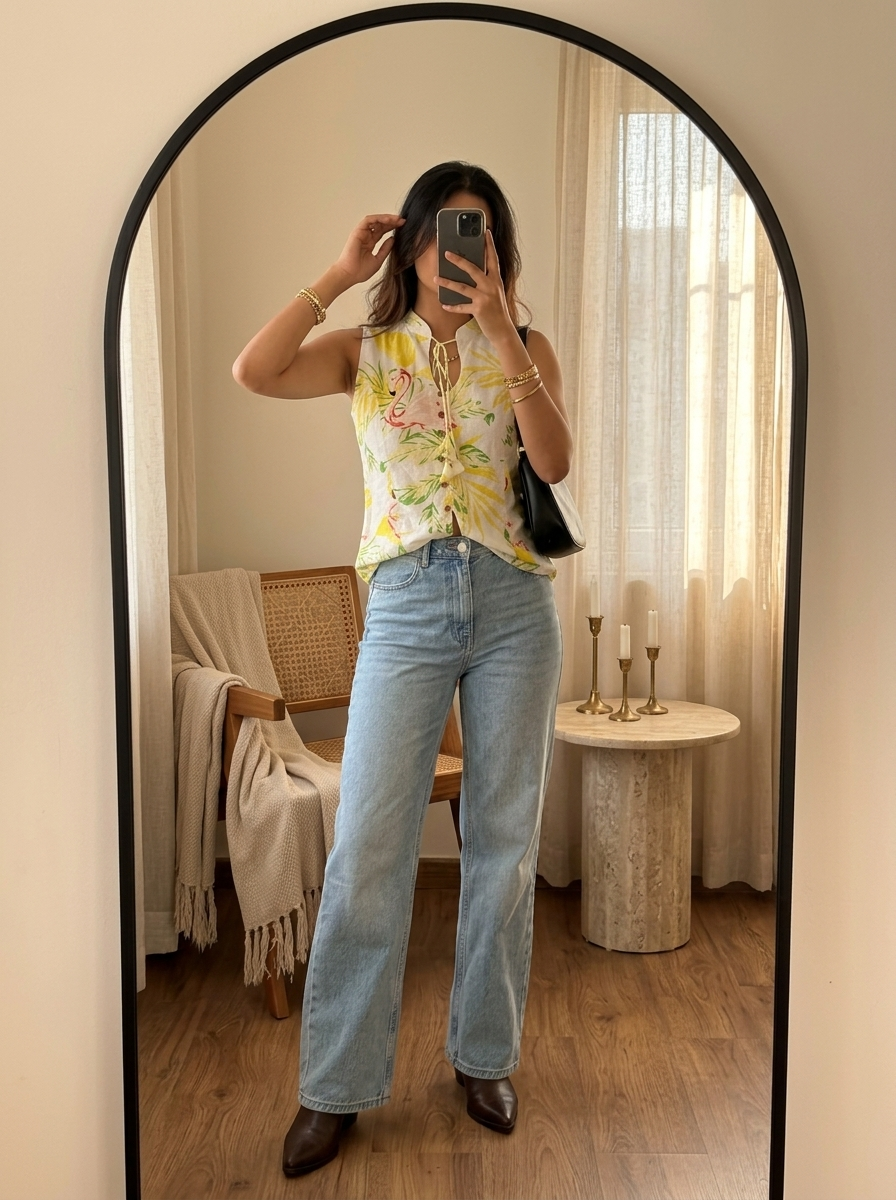 Crop Top #131 – Handloom Organic Cotton Top with Tropical Leaf & Flamingo Print in Ivory White