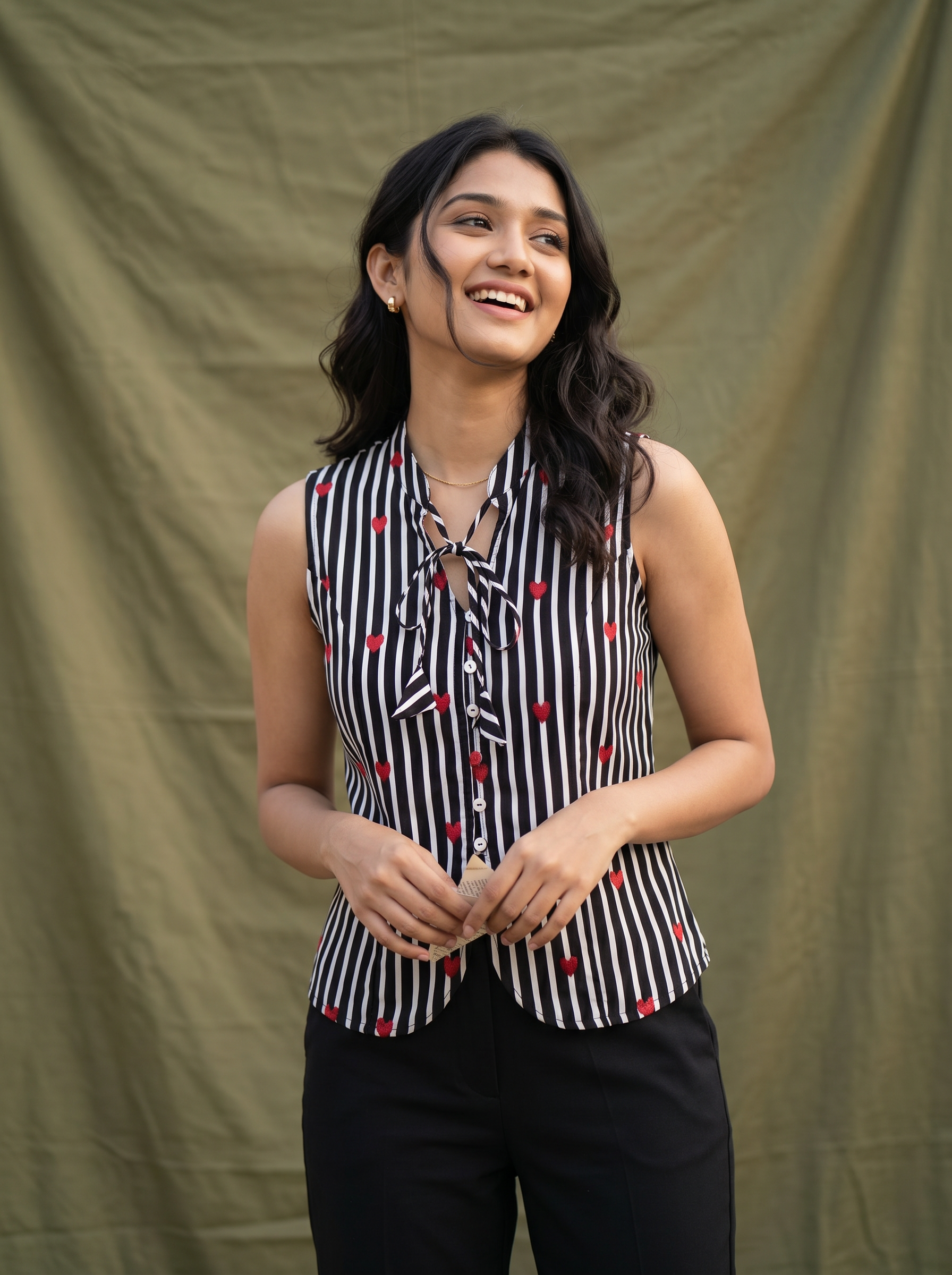 Crop Top #132 – Handloom Organic Cotton Top with Heart Print Stripes in Black & White
