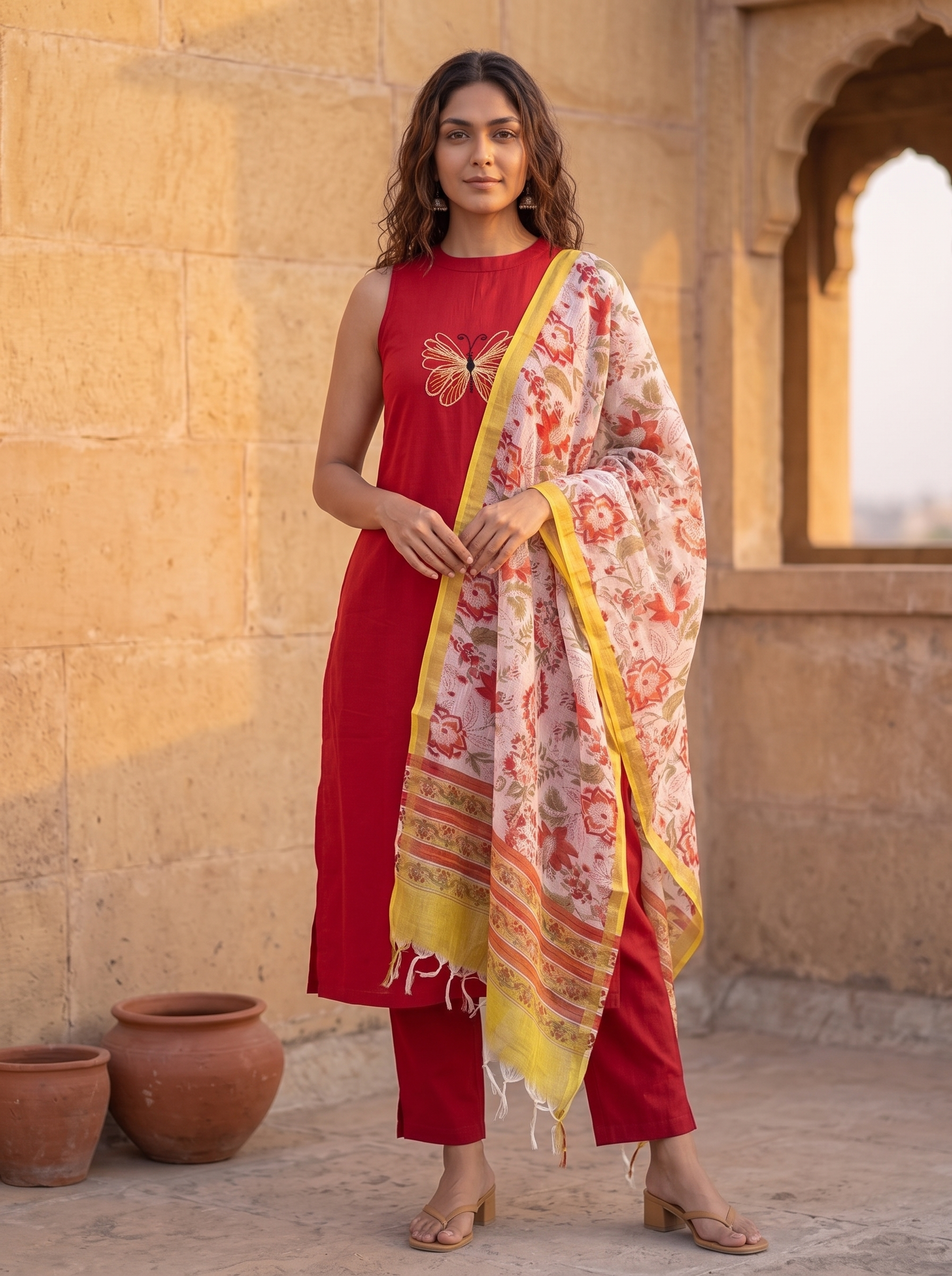 Shamshya (Red) - Linen Cotton Flex Kurta Set with Botanical Chanderi Dupatta in Crimson Red