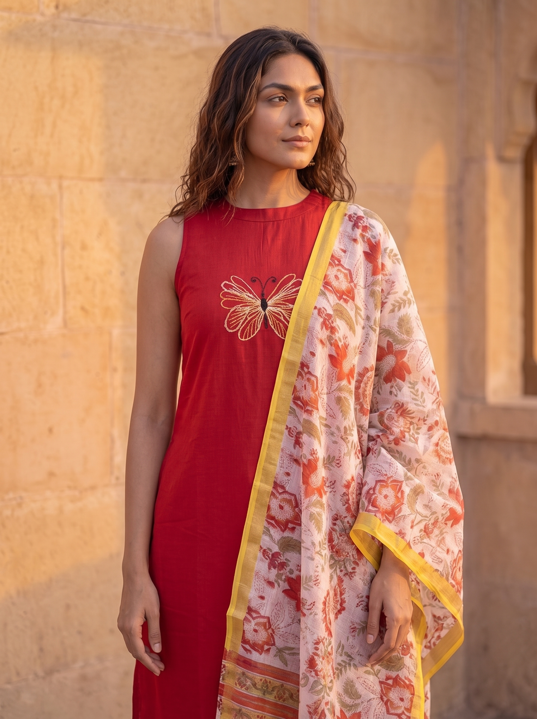 Shamshya (Red) - Linen Cotton Flex Kurta Set with Botanical Chanderi Dupatta in Crimson Red