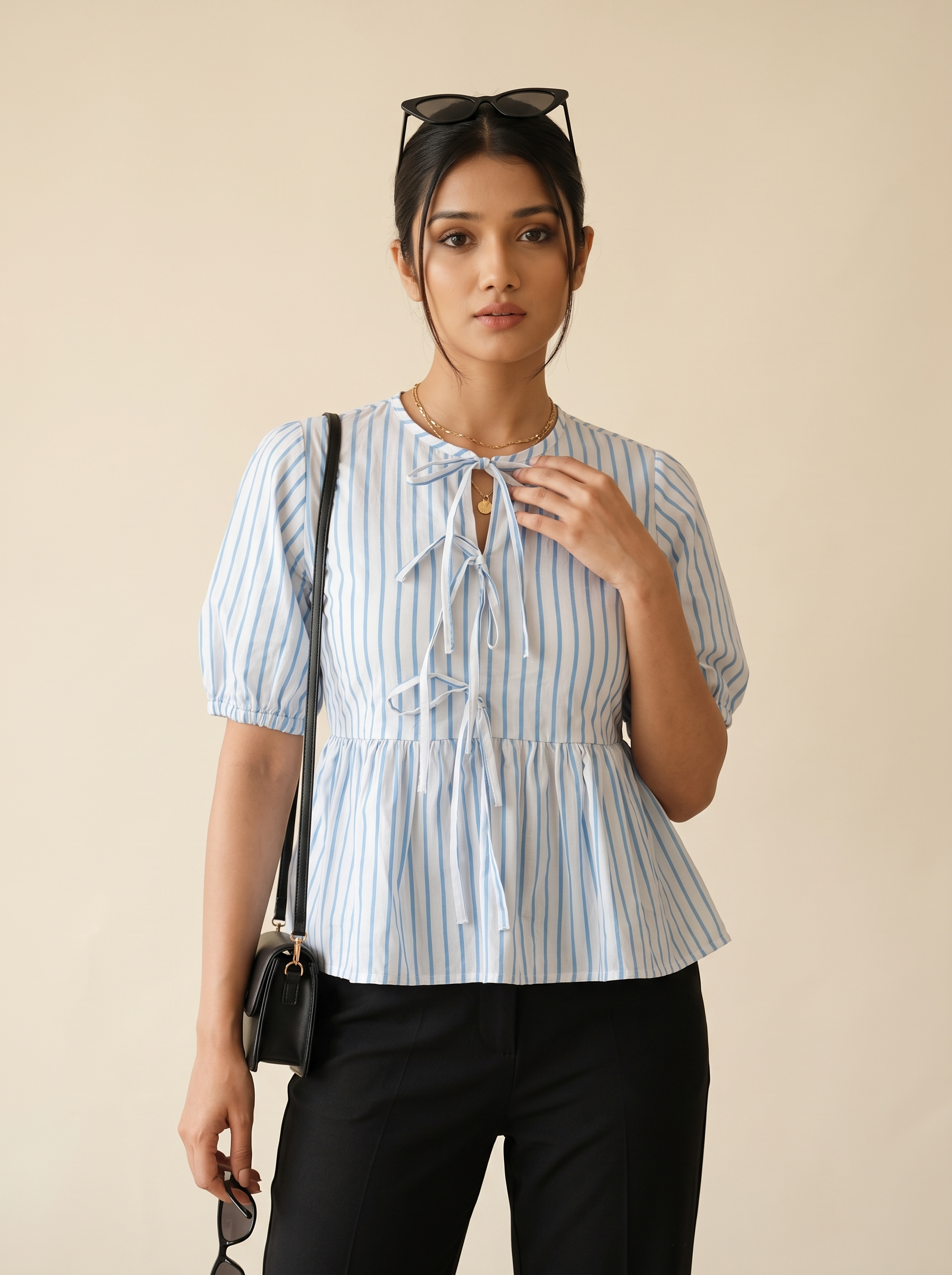 Crop Top #130 – Handloom Organic Cotton Top with Blue Stripes