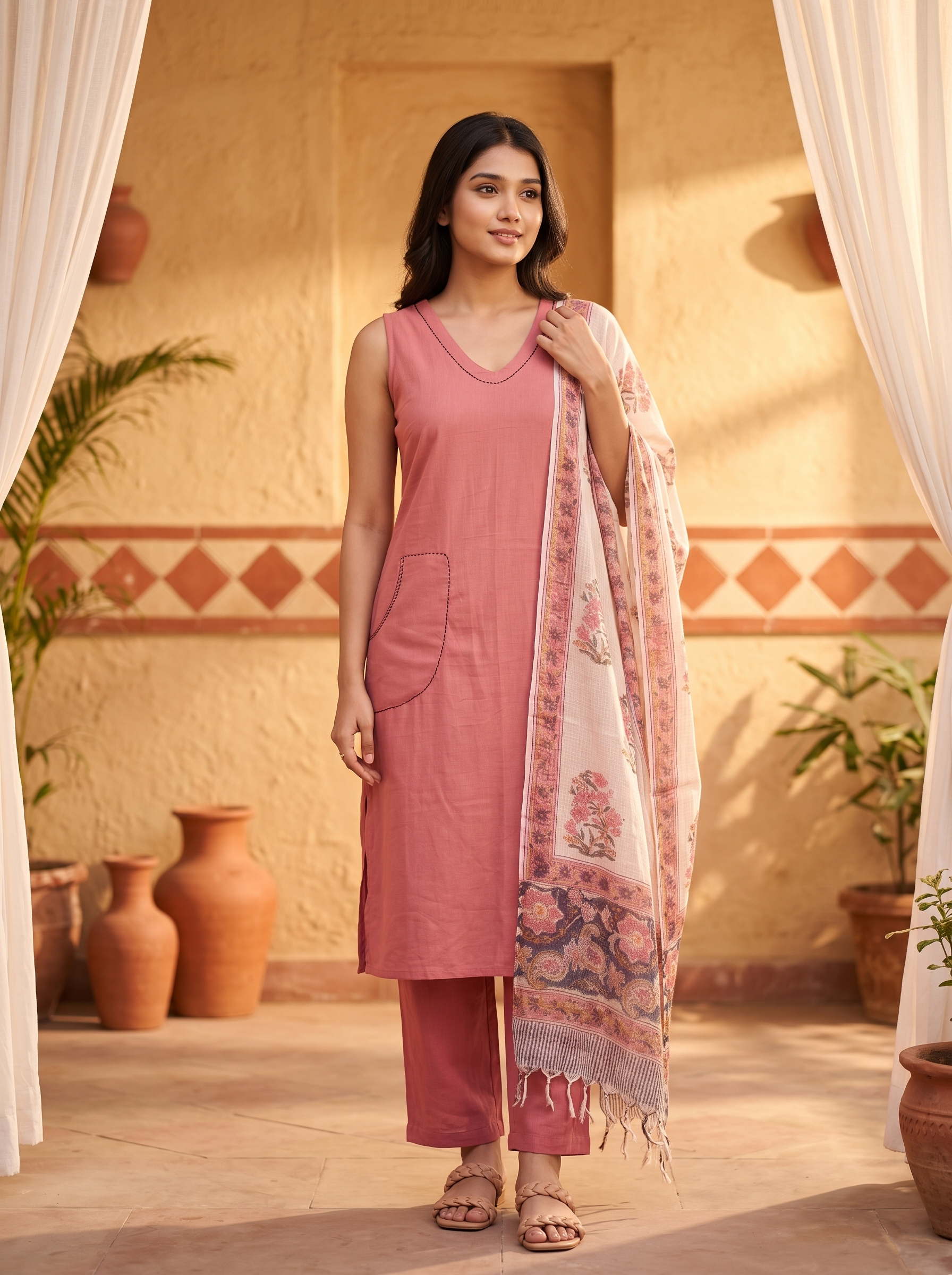 Shamshya (Dusty pink) - Linen Cotton Flex Kurta Set with Block-Printed Dupatta in Dusty Pink
