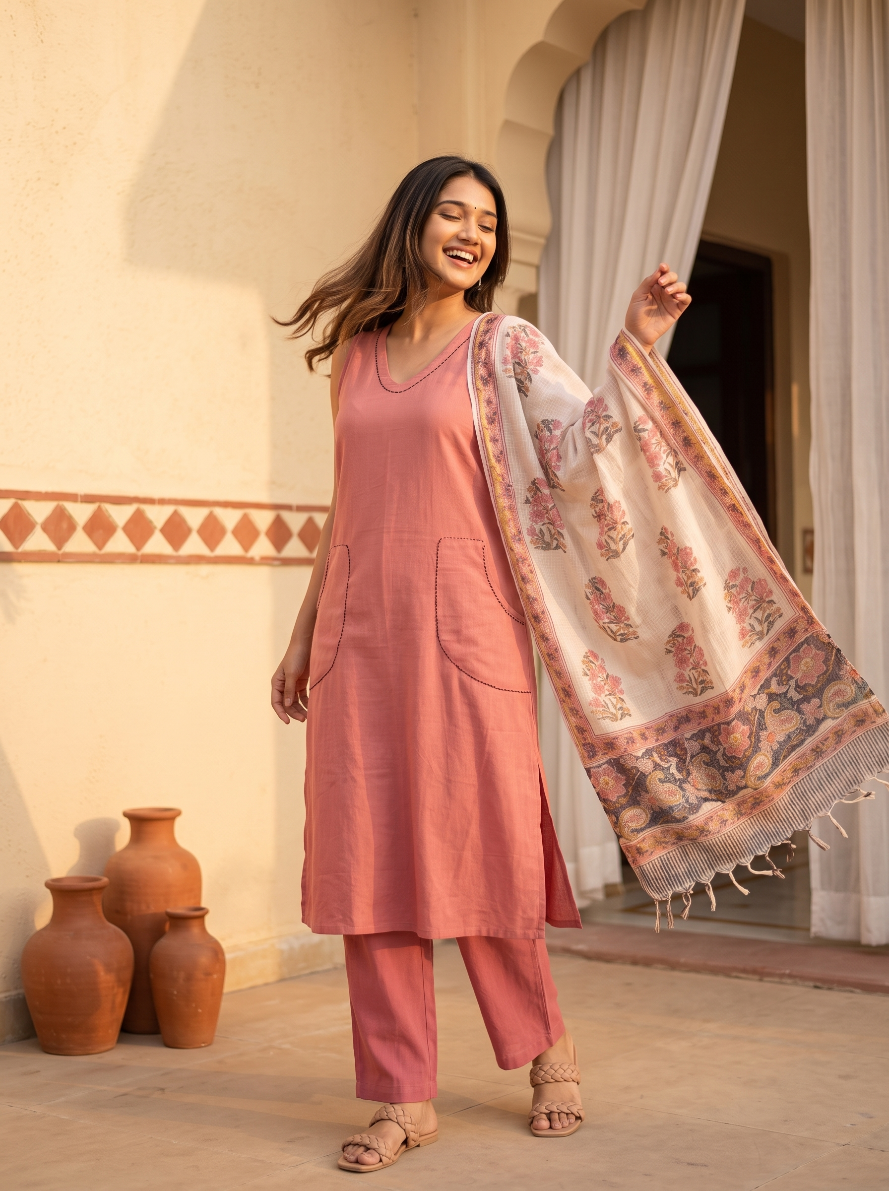 Shamshya (Dusty pink) - Linen Cotton Flex Kurta Set with Block-Printed Dupatta in Dusty Pink