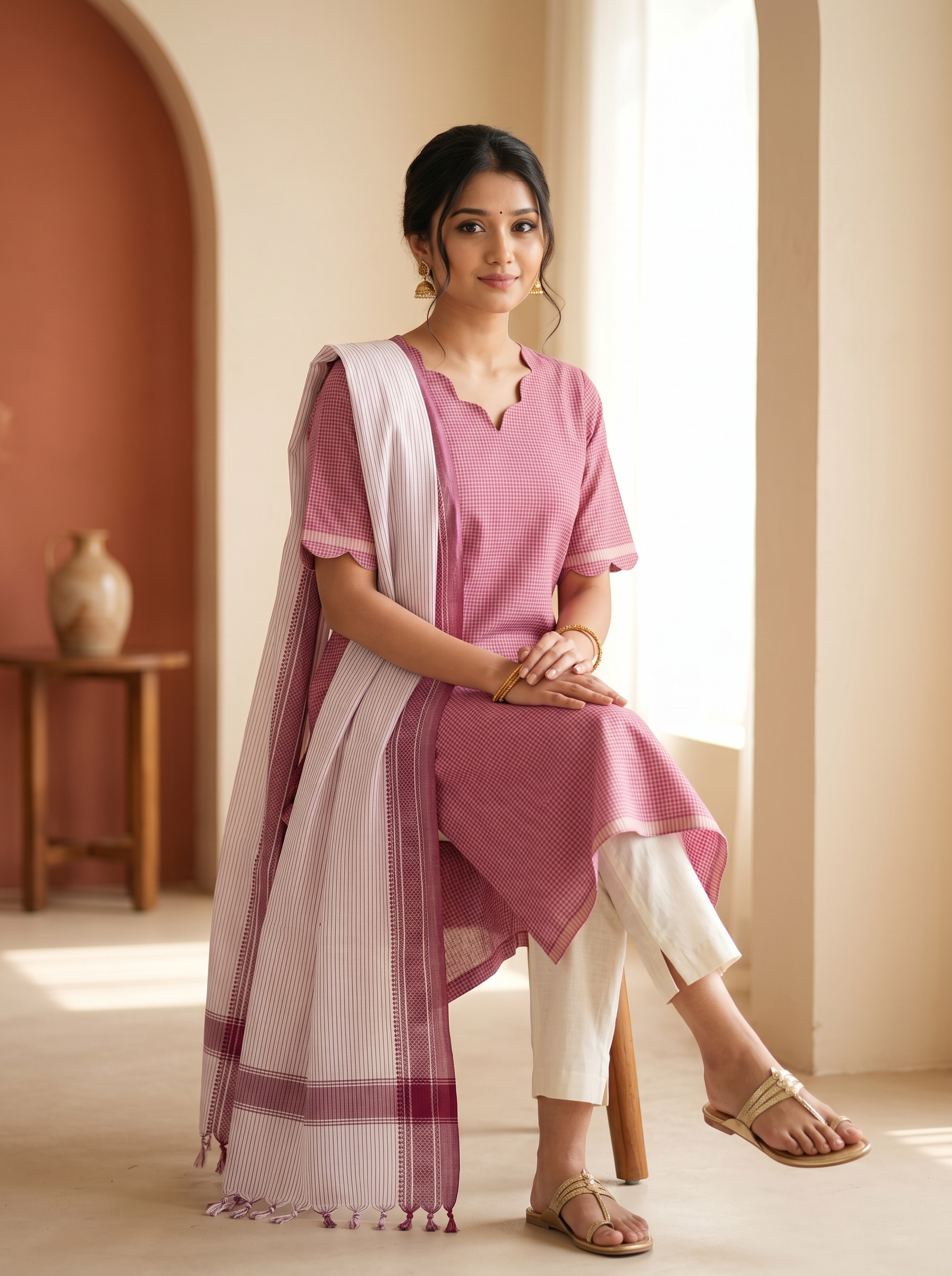 Ilaveni (Rose Pink) – Subtle Checks Handloom Cotton Kurta Set with Dupatta in Rose Pink