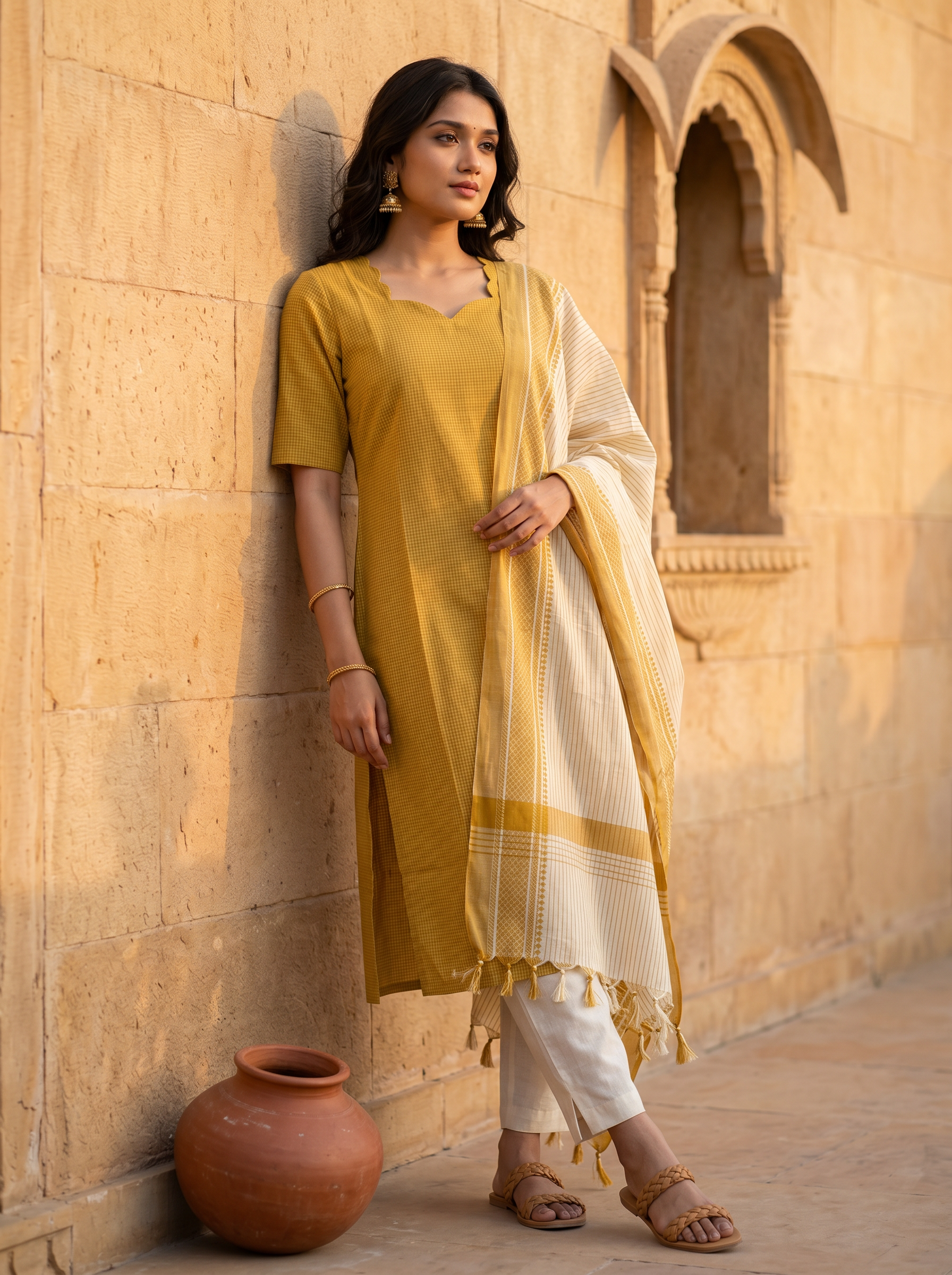 Ilaveni (Mustard Yellow) – Subtle Checks Handloom Cotton Kurta Set with Dupatta in Mustard Yellow