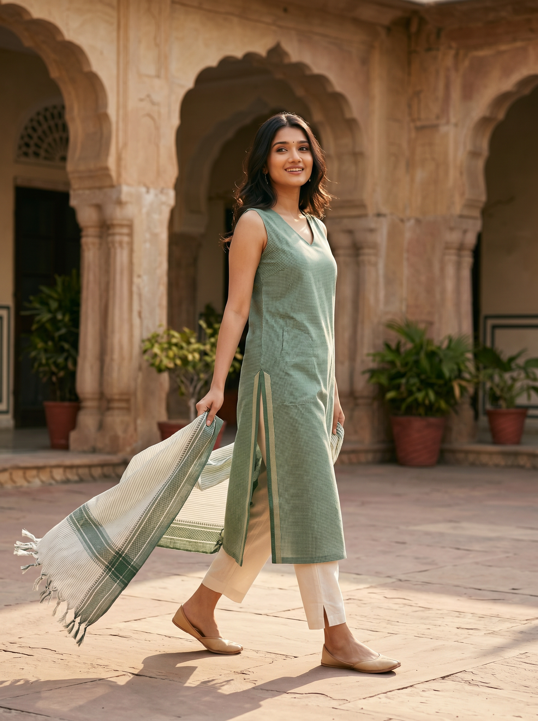 Ilaveni (Mint Green) – Subtle Checks Handloom Cotton Kurta Set with Dupatta in Mint Green