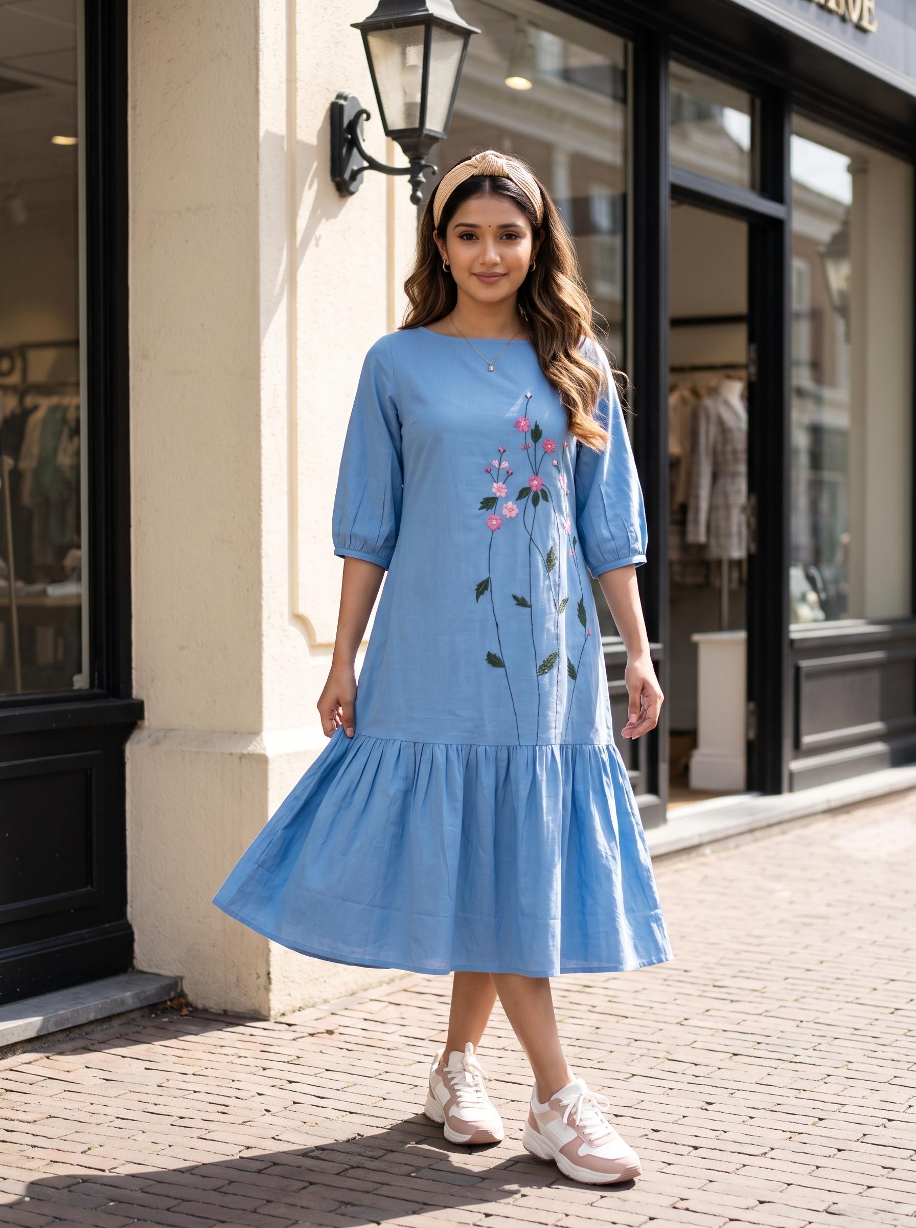Embroidered Dress 4 – Pure Flex Handloom Cotton Dress with Floral Embroidery in Sky Blue