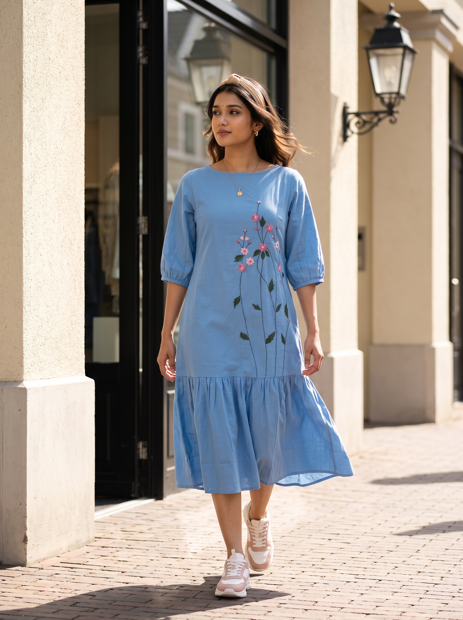 Embroidered Dress 4 – Pure Flex Handloom Cotton Dress with Floral Embroidery in Sky Blue