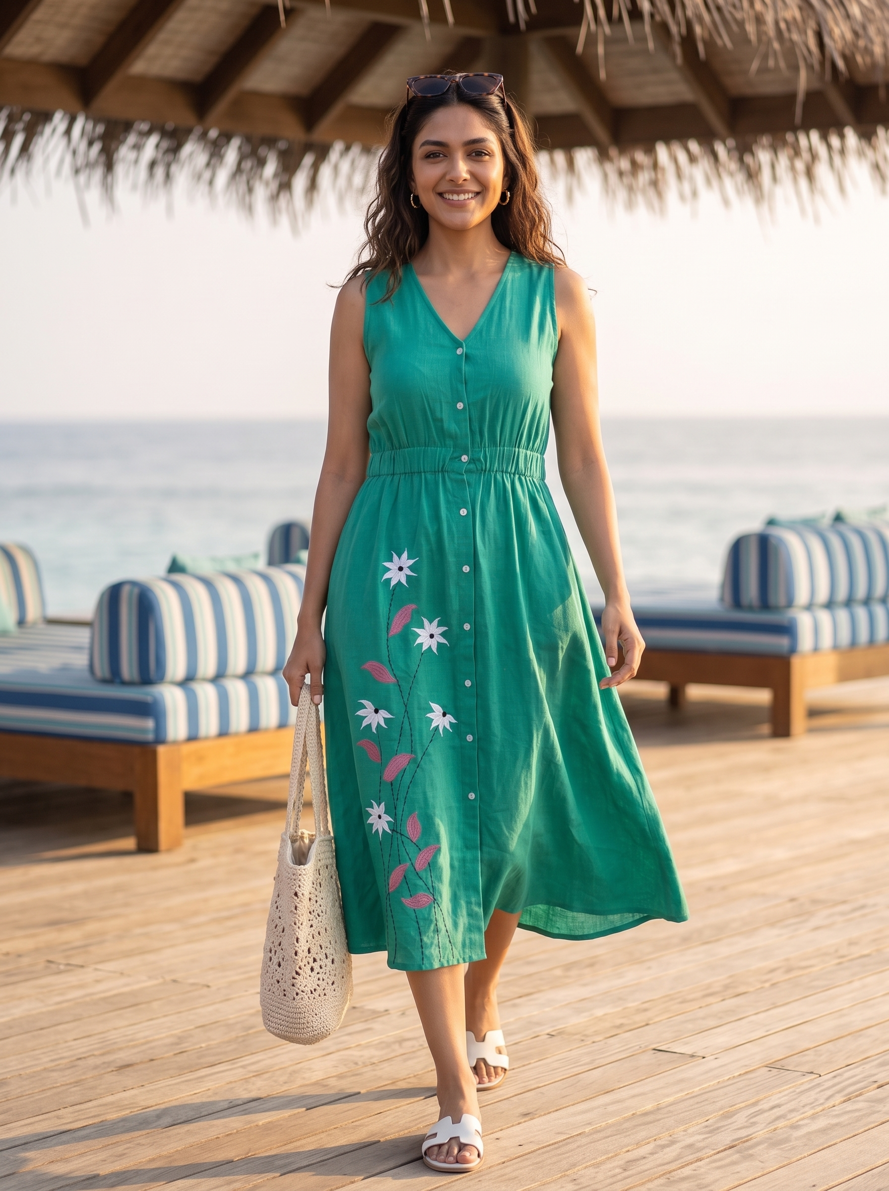 Embroidered Dress 6 – Pure Flex Handloom Cotton Dress with Botanical Vines in Teal Green