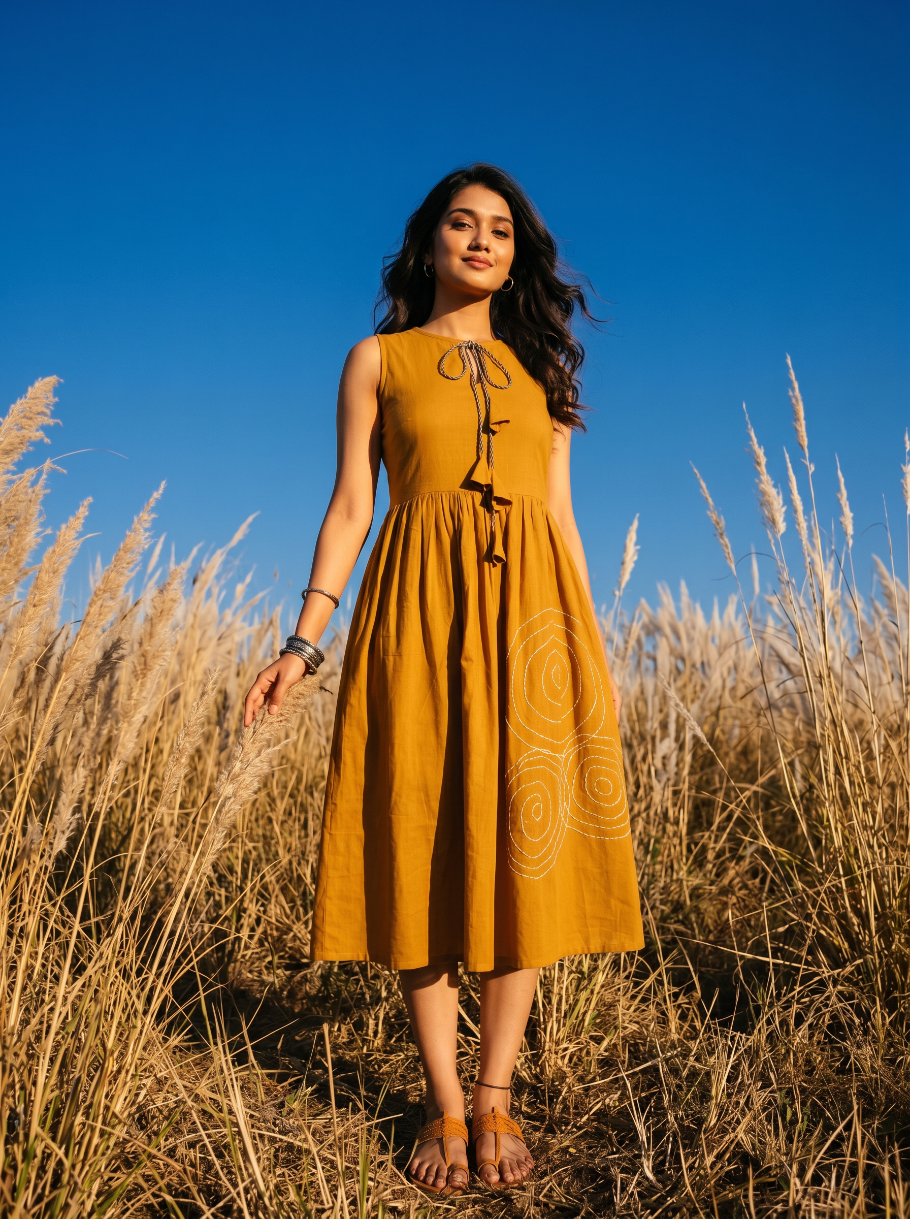mustard yellow cotton dress Eclectic Wide Sleeve Dress