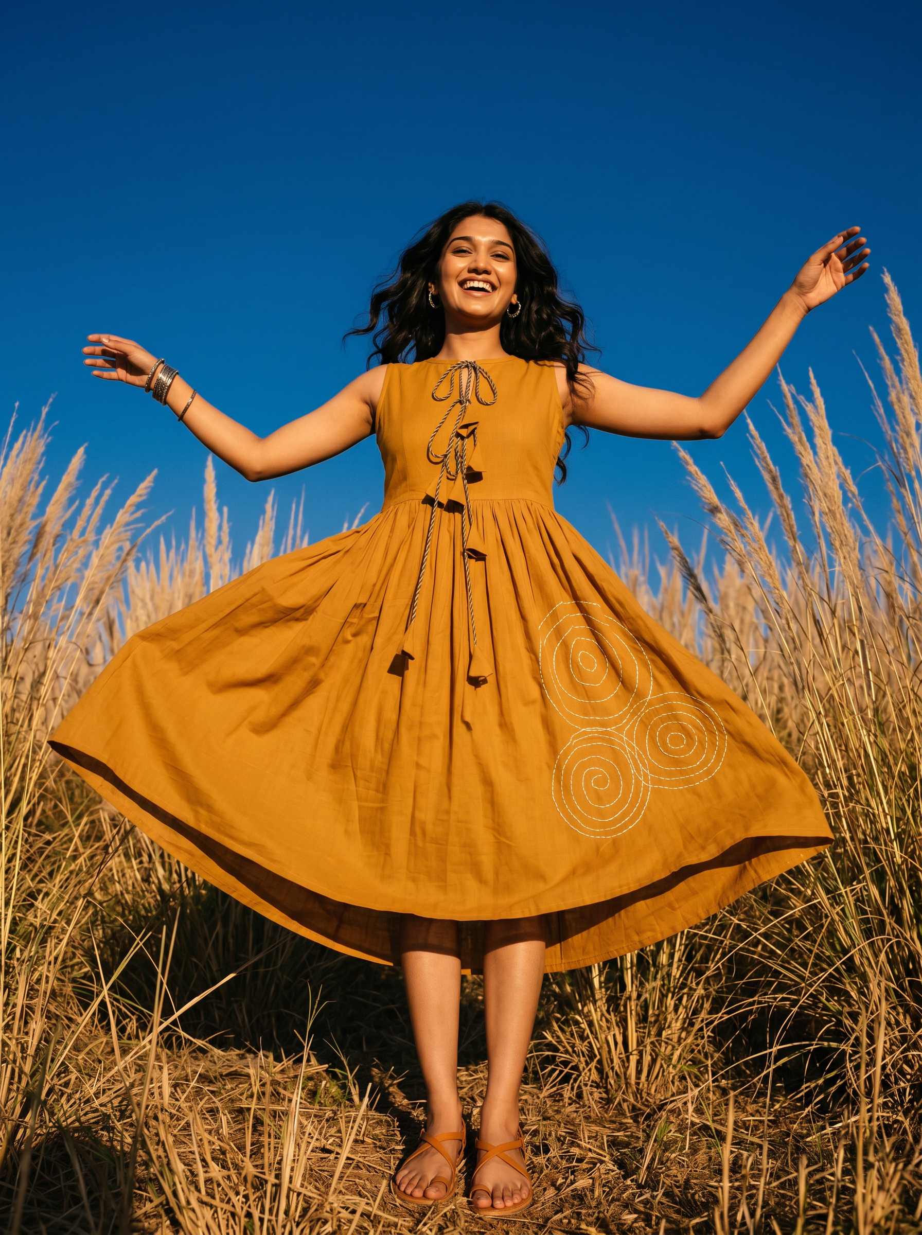 Embroidered Dress 7 – Pure Flex Handloom Cotton Dress with White Spiral Embroidery in Mustard yellow