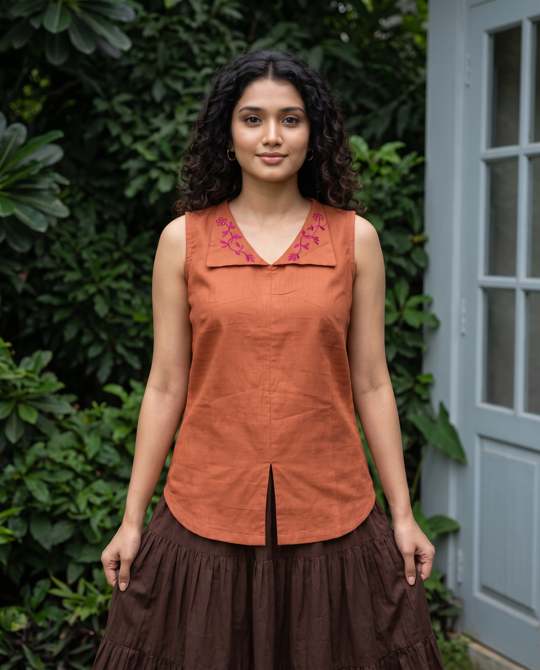 Crop Top #133 – Handloom Organic Cotton Top with Floral Embroidery Collar in Rust Orange