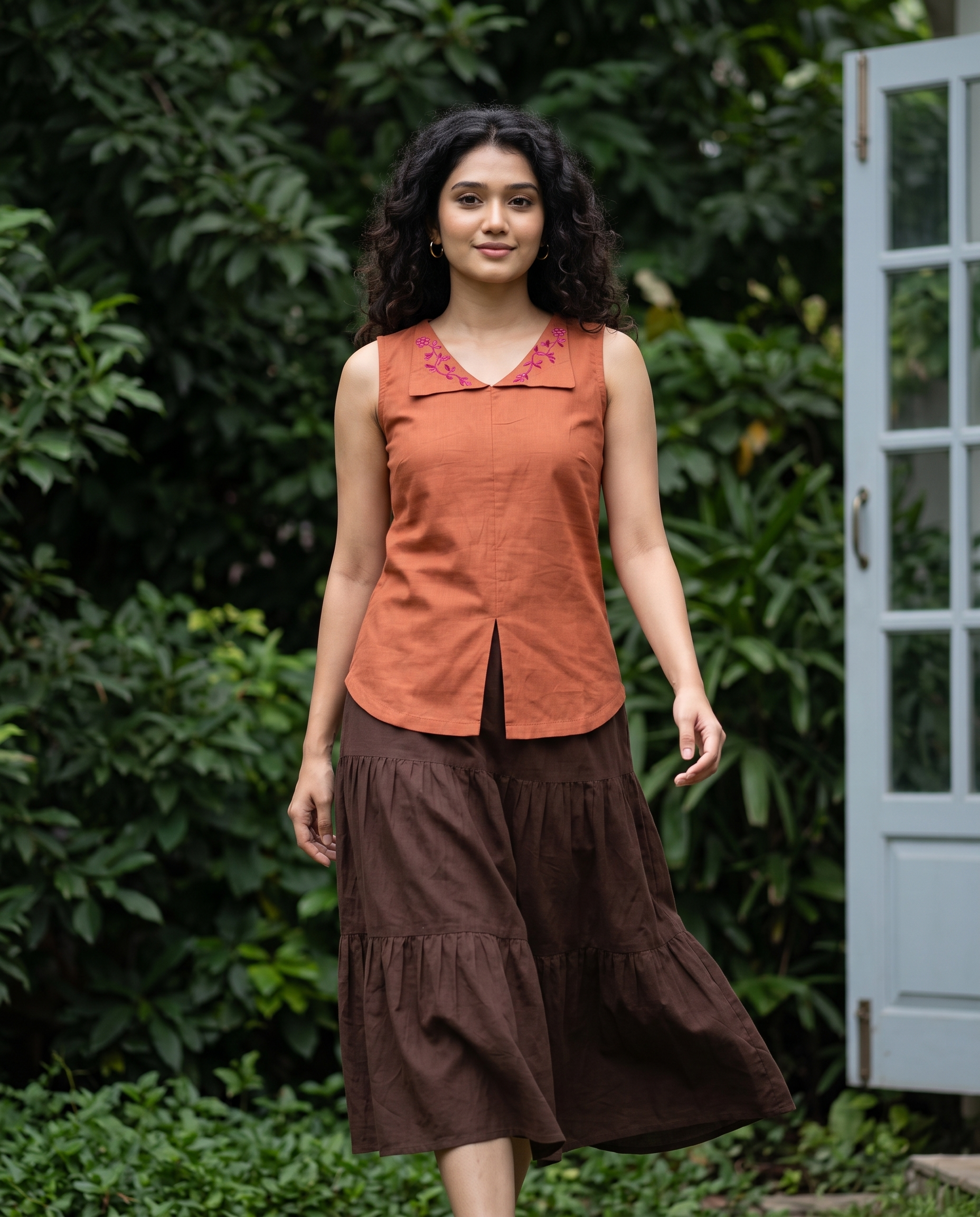 Crop Top #133 – Handloom Organic Cotton Top with Floral Embroidery Collar in Rust Orange