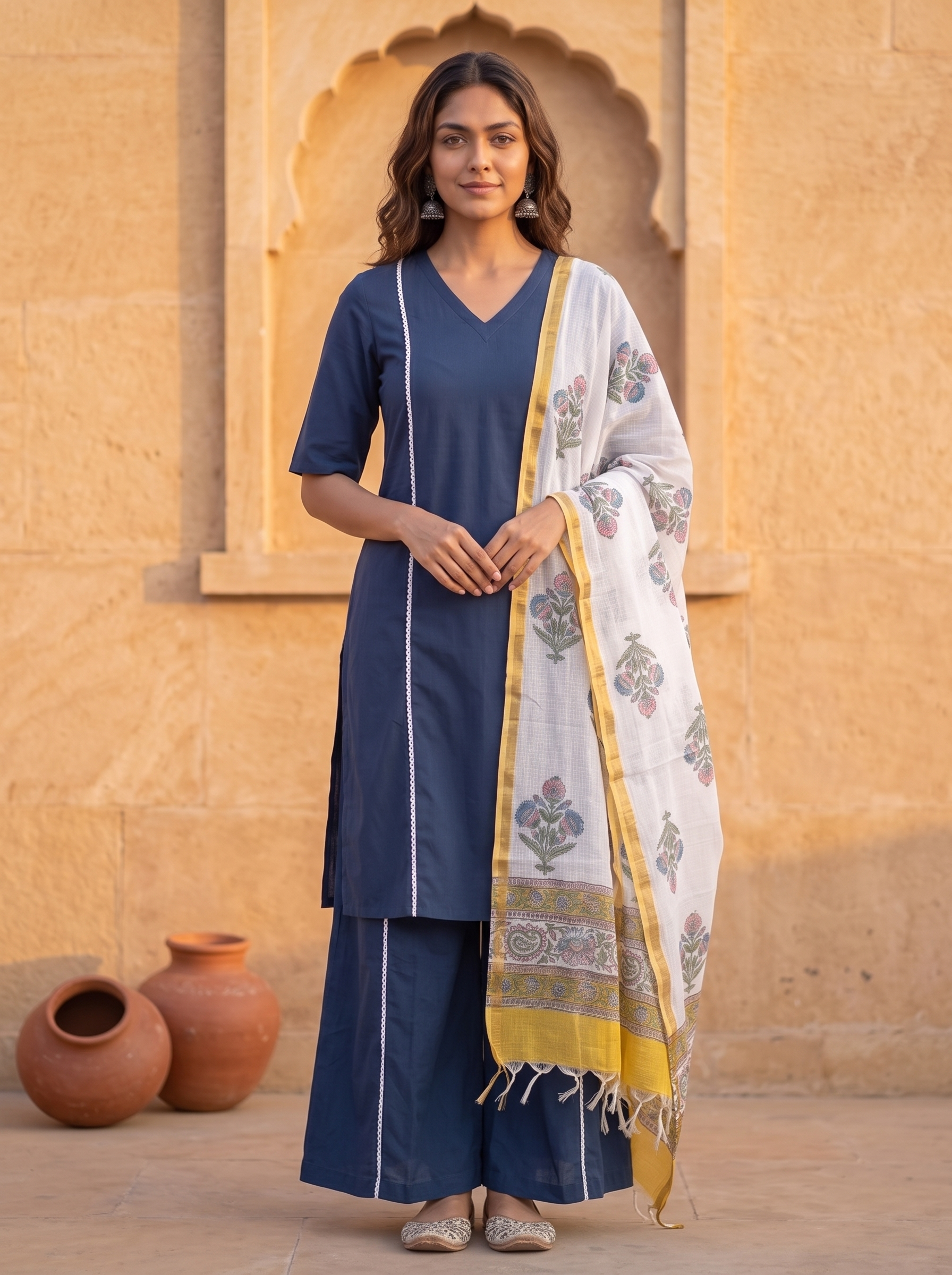 Shamshya (Blue) - Linen Cotton Flex Kurta Set with Floral Print Dupatta in Indigo Blue