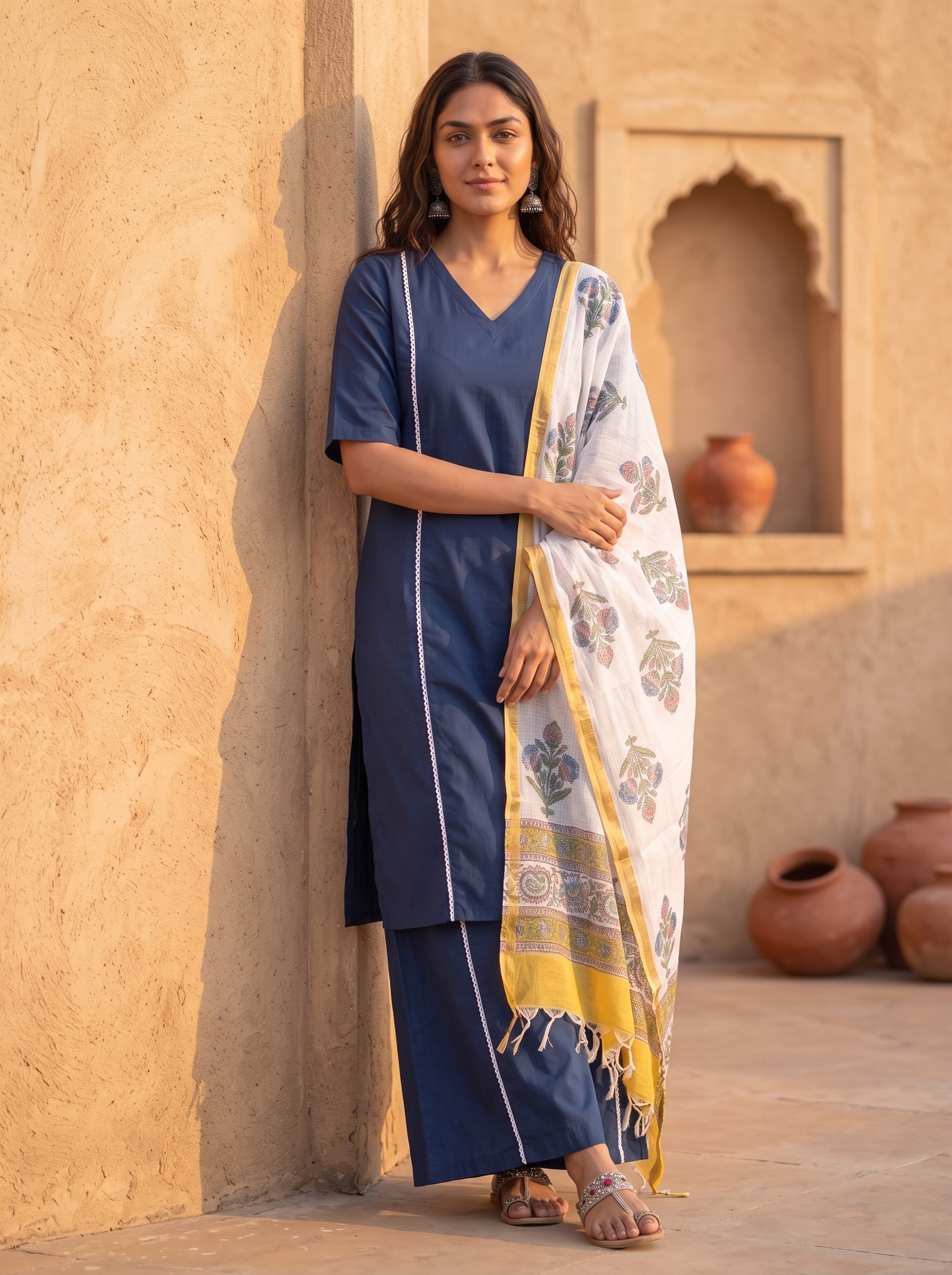 Shamshya (Blue) - Linen Cotton Flex Kurta Set with Floral Print Dupatta in Indigo Blue