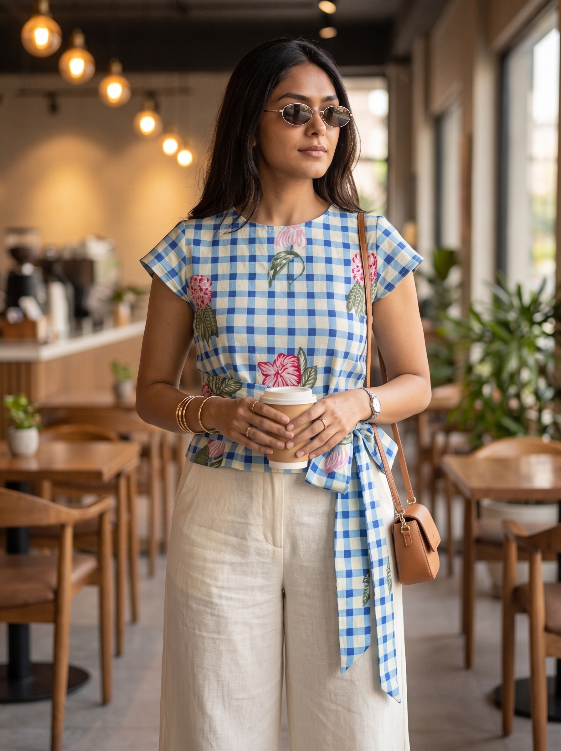 Crop Top #134 – Handloom Organic Cotton Top with Blue Checks & Floral Print in Sky Blue
