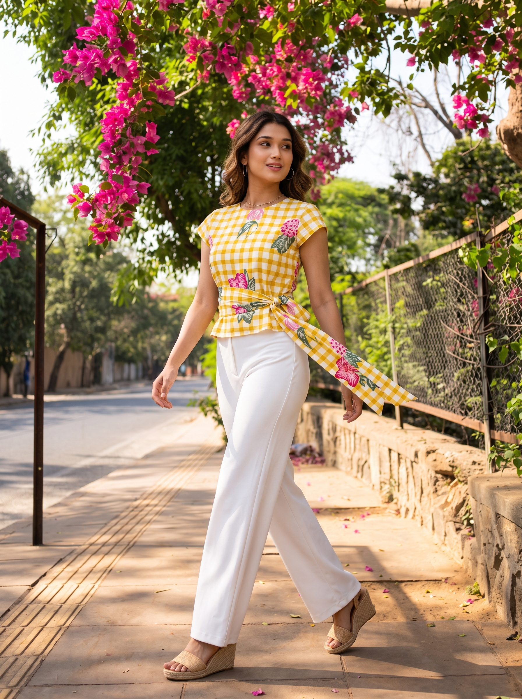 Crop Top #135 – Handloom Organic Cotton Top with Yellow Checks & Floral Print in Sunshine Yellow
