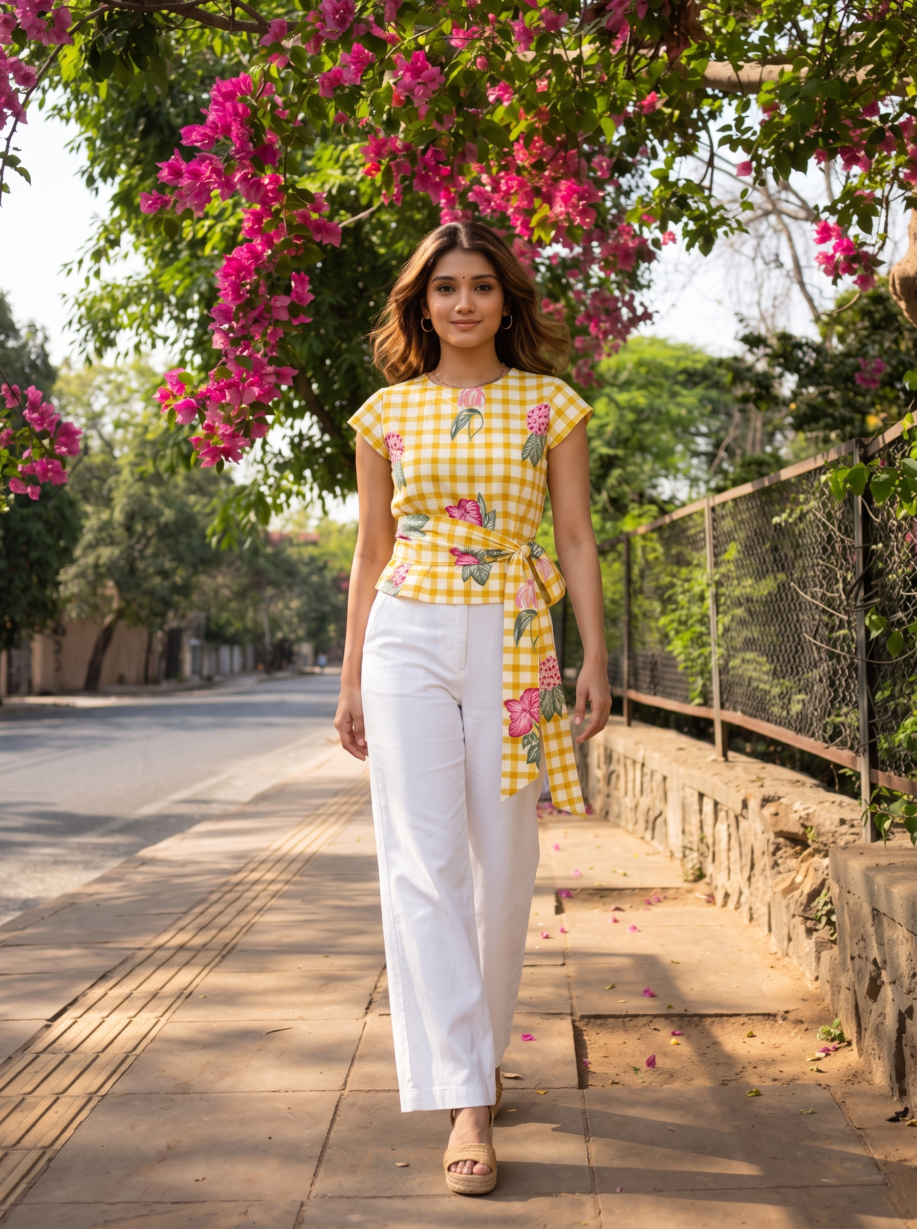 Crop Top #135 – Handloom Organic Cotton Top with Yellow Checks & Floral Print in Sunshine Yellow