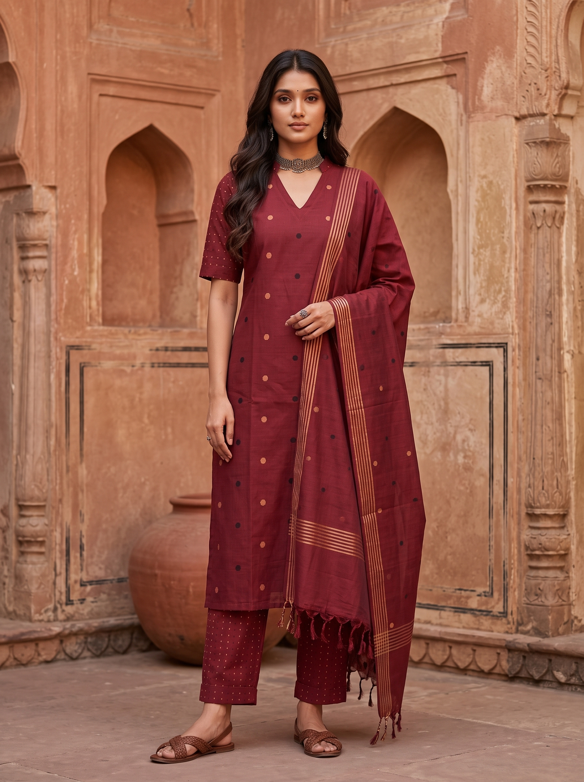 Tanvika (Red) – Polka Dot Woven Pure Handloom Cotton Suit Set in Red