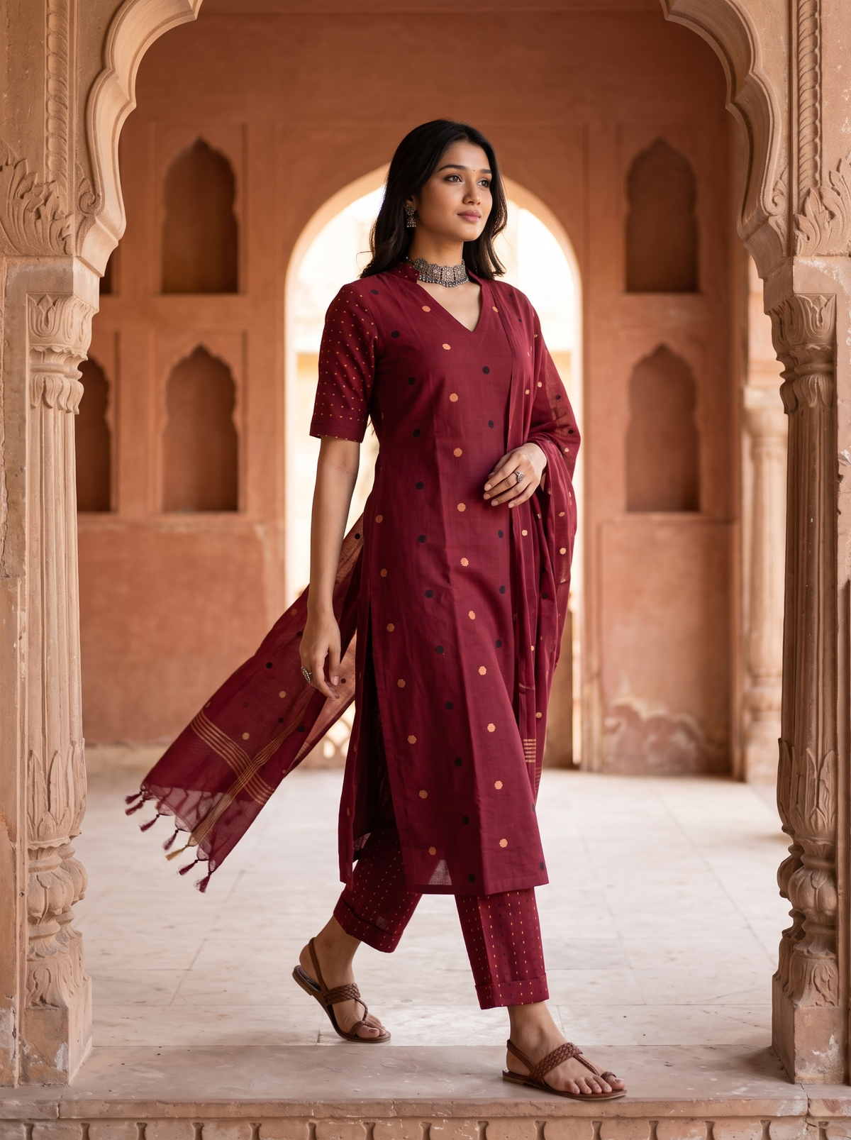Tanvika (Red) – Polka Dot Woven Pure Handloom Cotton Suit Set in Red