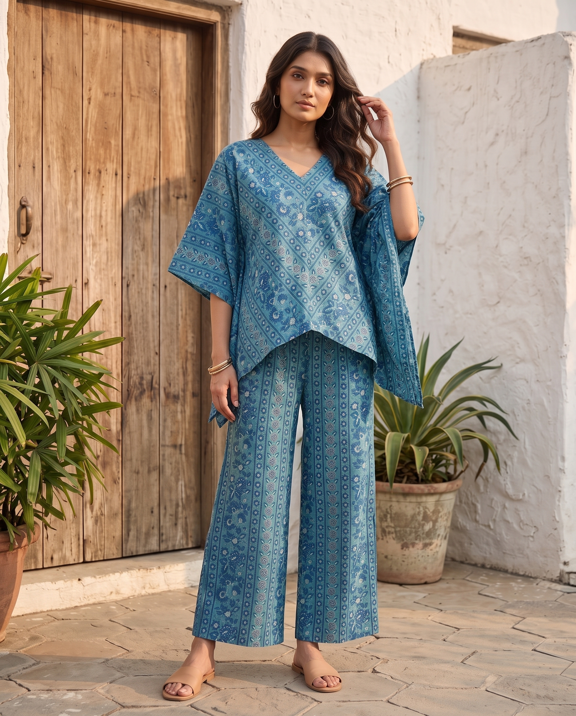 Jamila - floral printed kaftan set in blue and purple