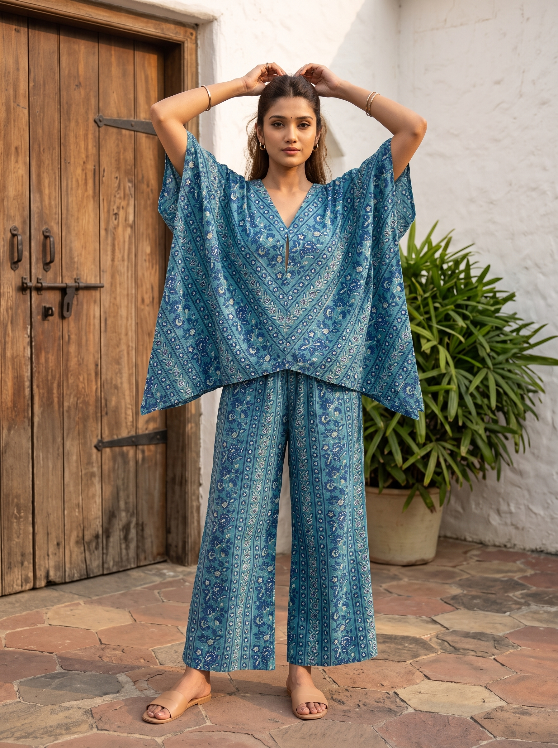 Jamila - floral printed kaftan set in blue and purple