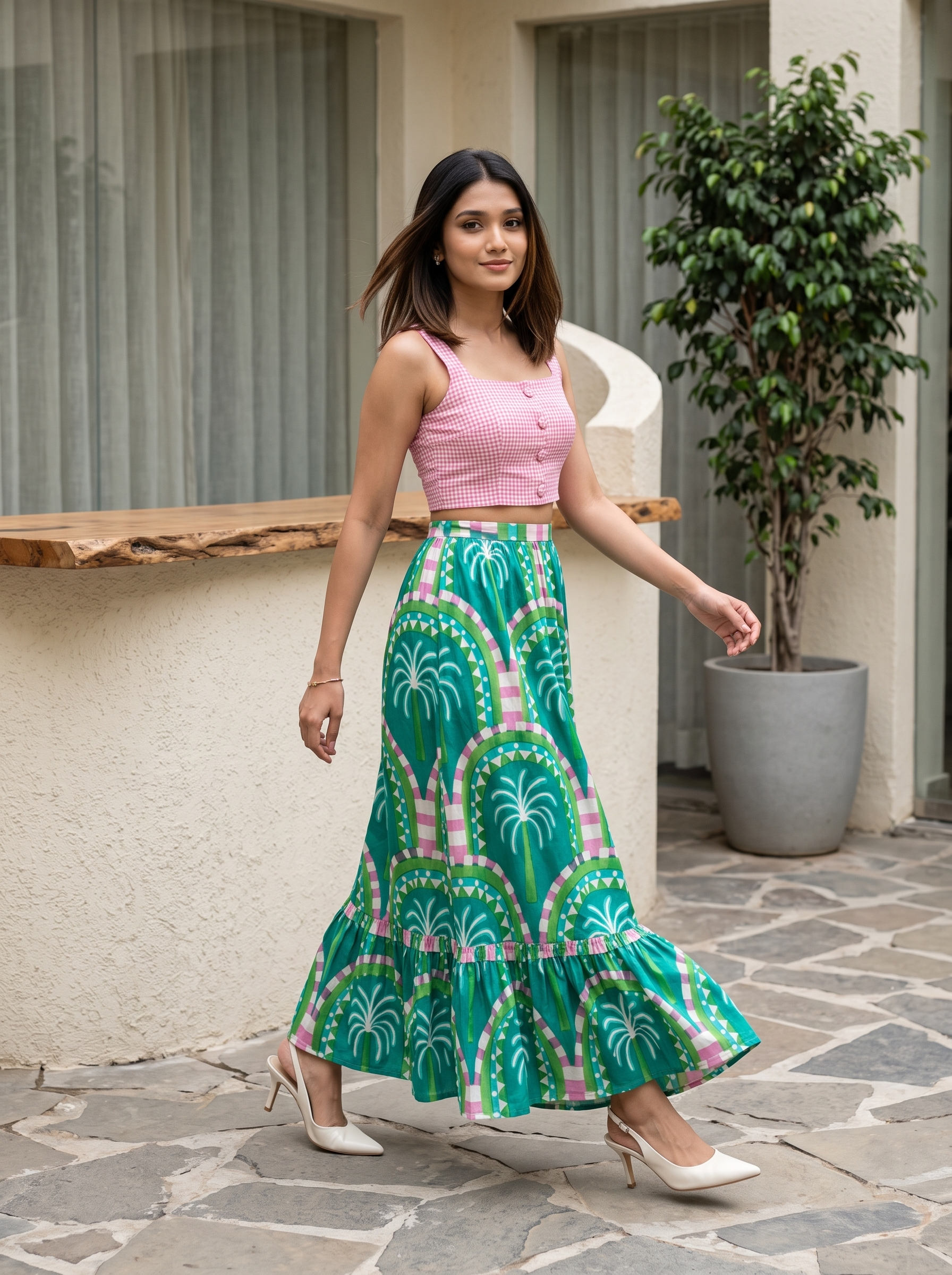 Gingham & Palm Skirt (Green) – Pure Organic Cotton Skirt Set with Pink Checkered Top