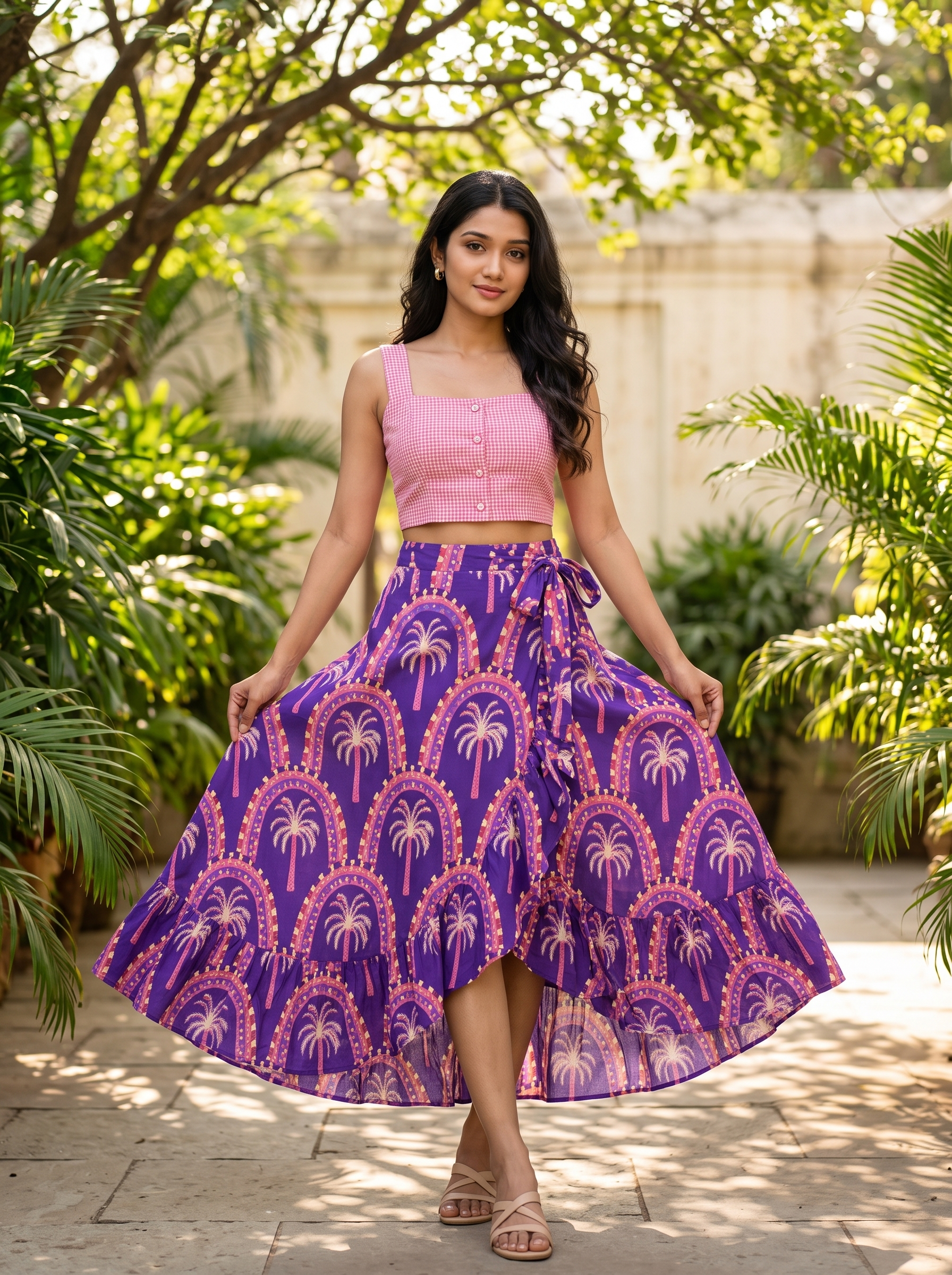 Gingham & Palm Skirt (Purple) – Pure Organic Cotton Skirt Set with Pink Checkered Top