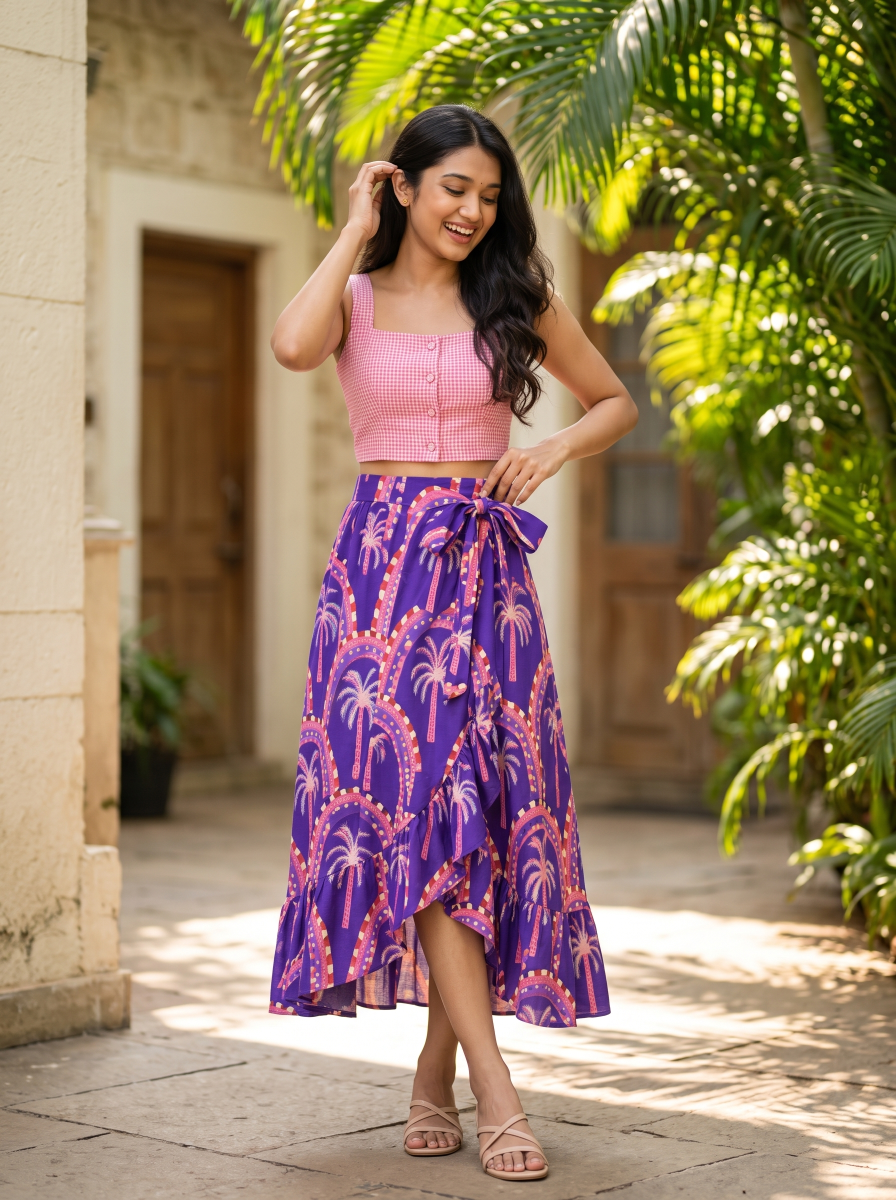 Gingham & Palm Skirt (Purple) – Pure Organic Cotton Skirt Set with Pink Checkered Top