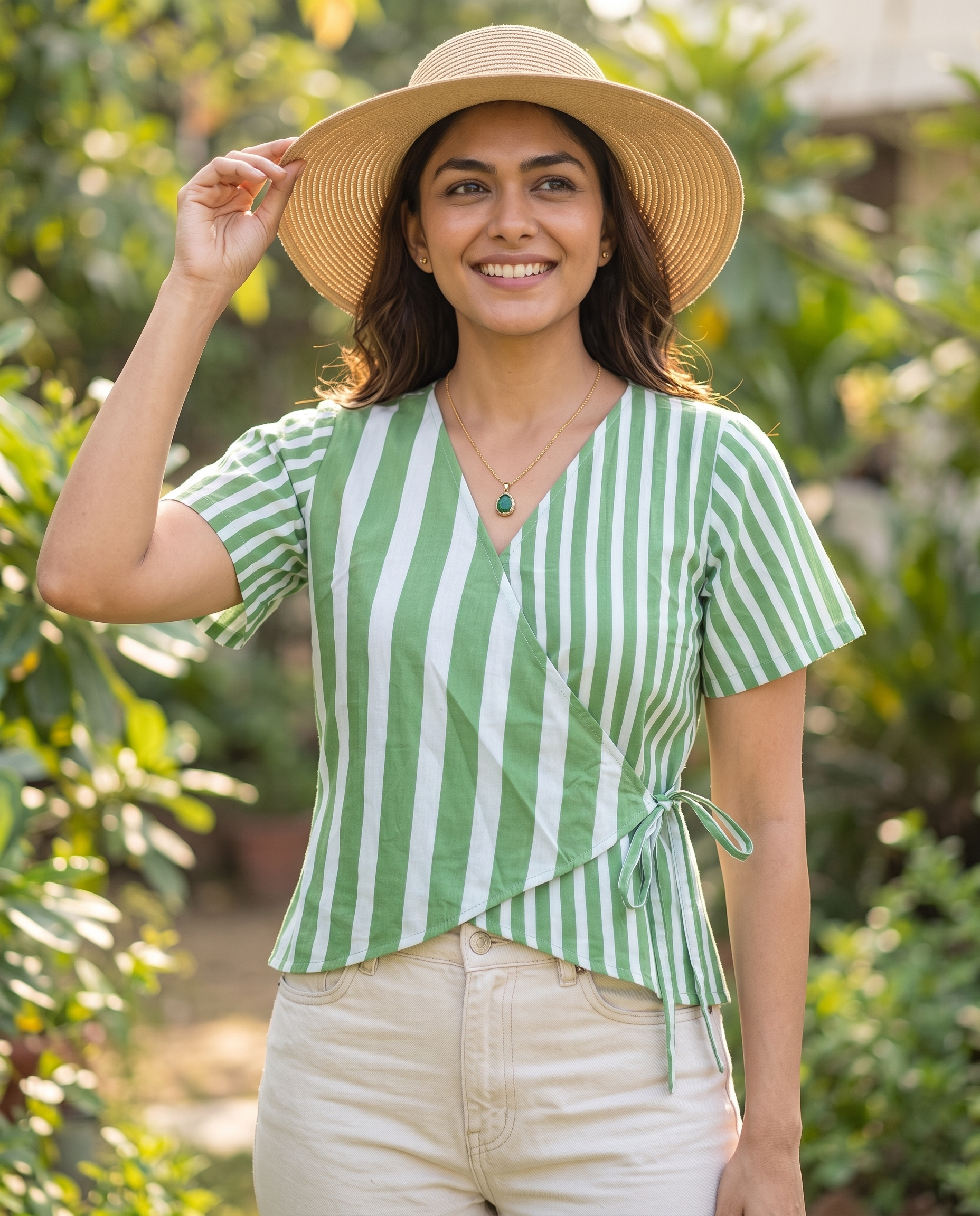 Crop Top #136 – Handloom Organic Cotton Top with Vertical Stripes in Mint Green
