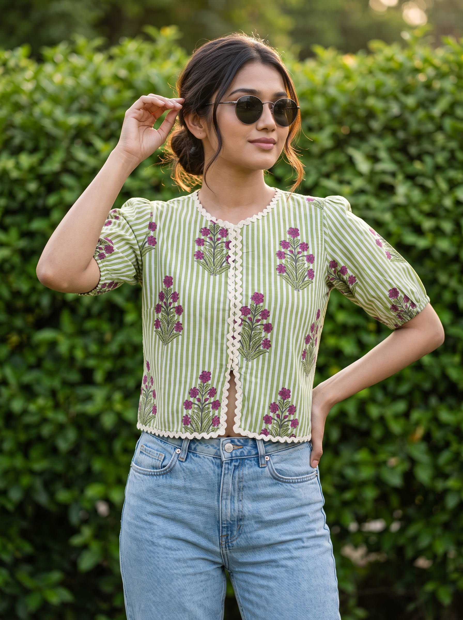 Crop Top #137 – Handloom Organic Cotton Top with Floral & Stripe Print in Sage Green