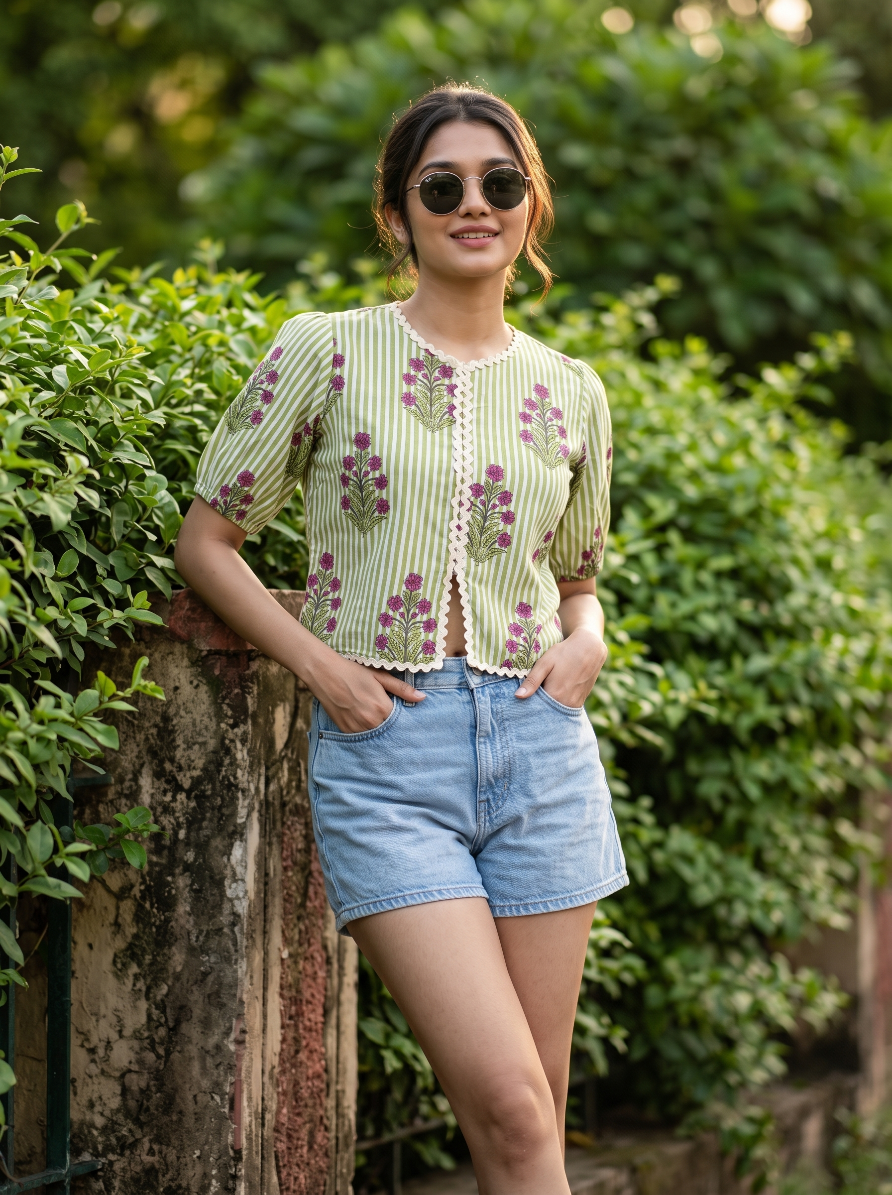 Crop Top #137 – Handloom Organic Cotton Top with Floral & Stripe Print in Sage Green