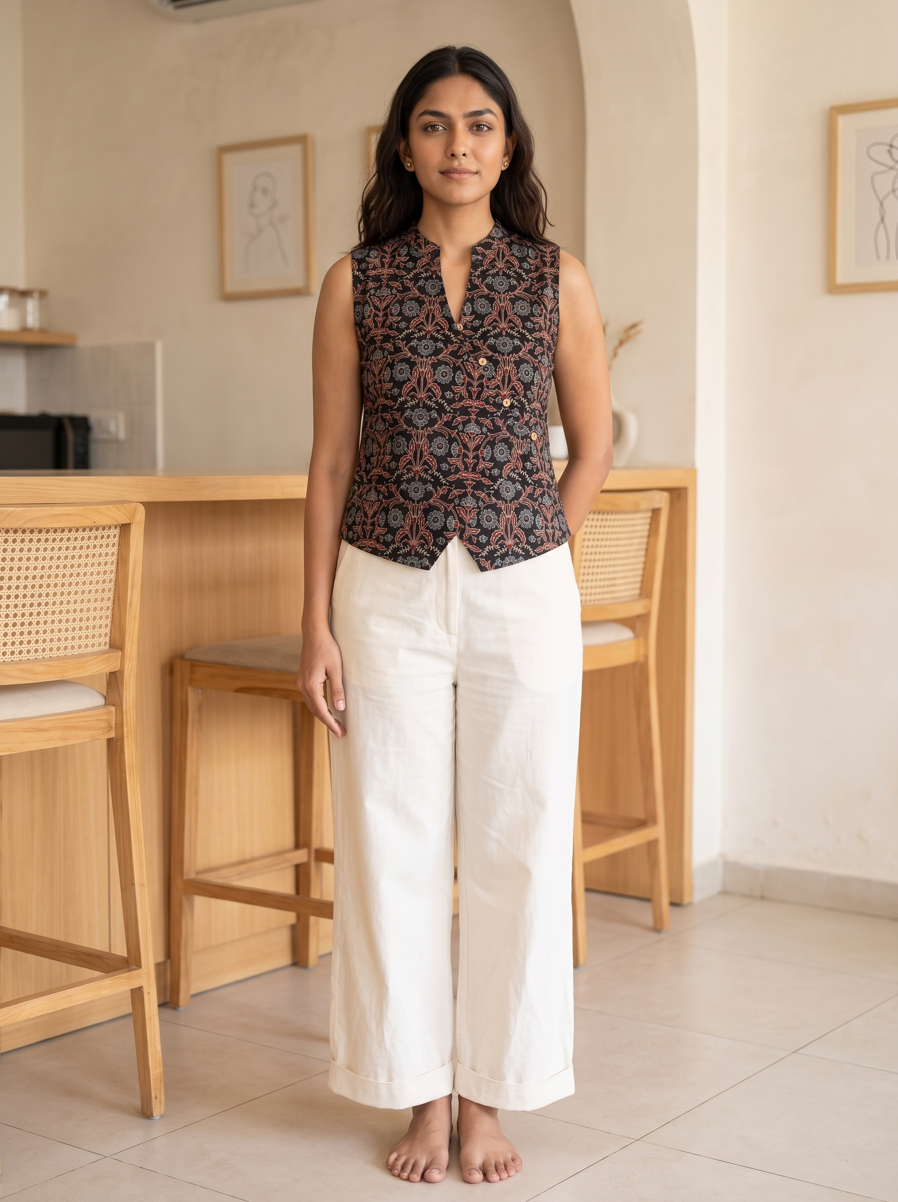 Crop Top #138 – Handloom Organic Cotton Top with Floral Vine Print in Charcoal Black