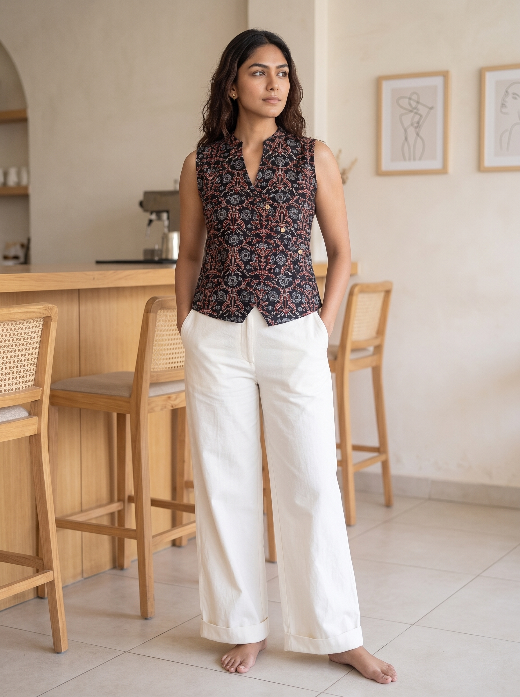 Crop Top #138 – Handloom Organic Cotton Top with Floral Vine Print in Charcoal Black