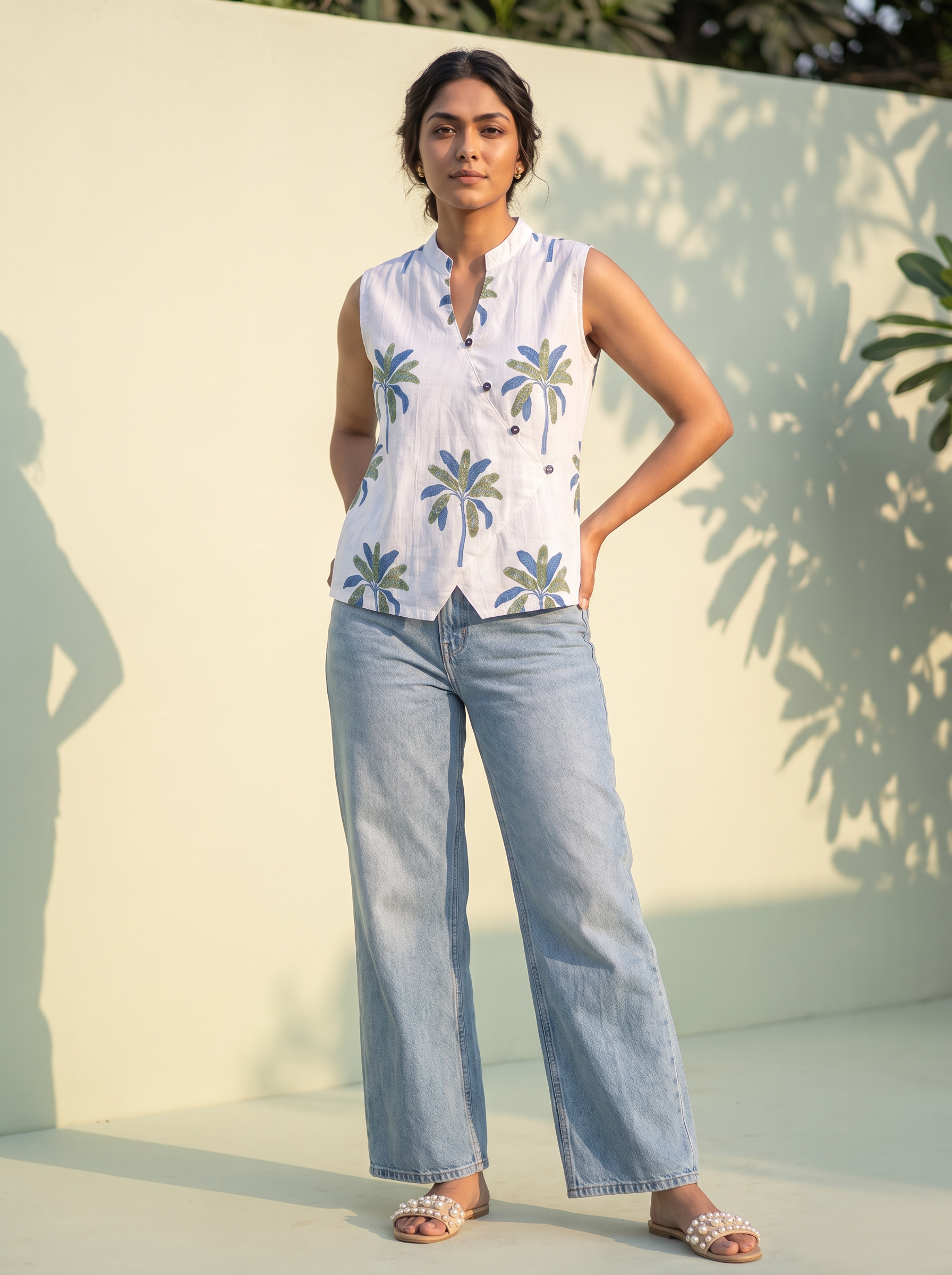 Crop Top #139 – Handloom Organic Cotton Top with Palm Tree Print in Off White
