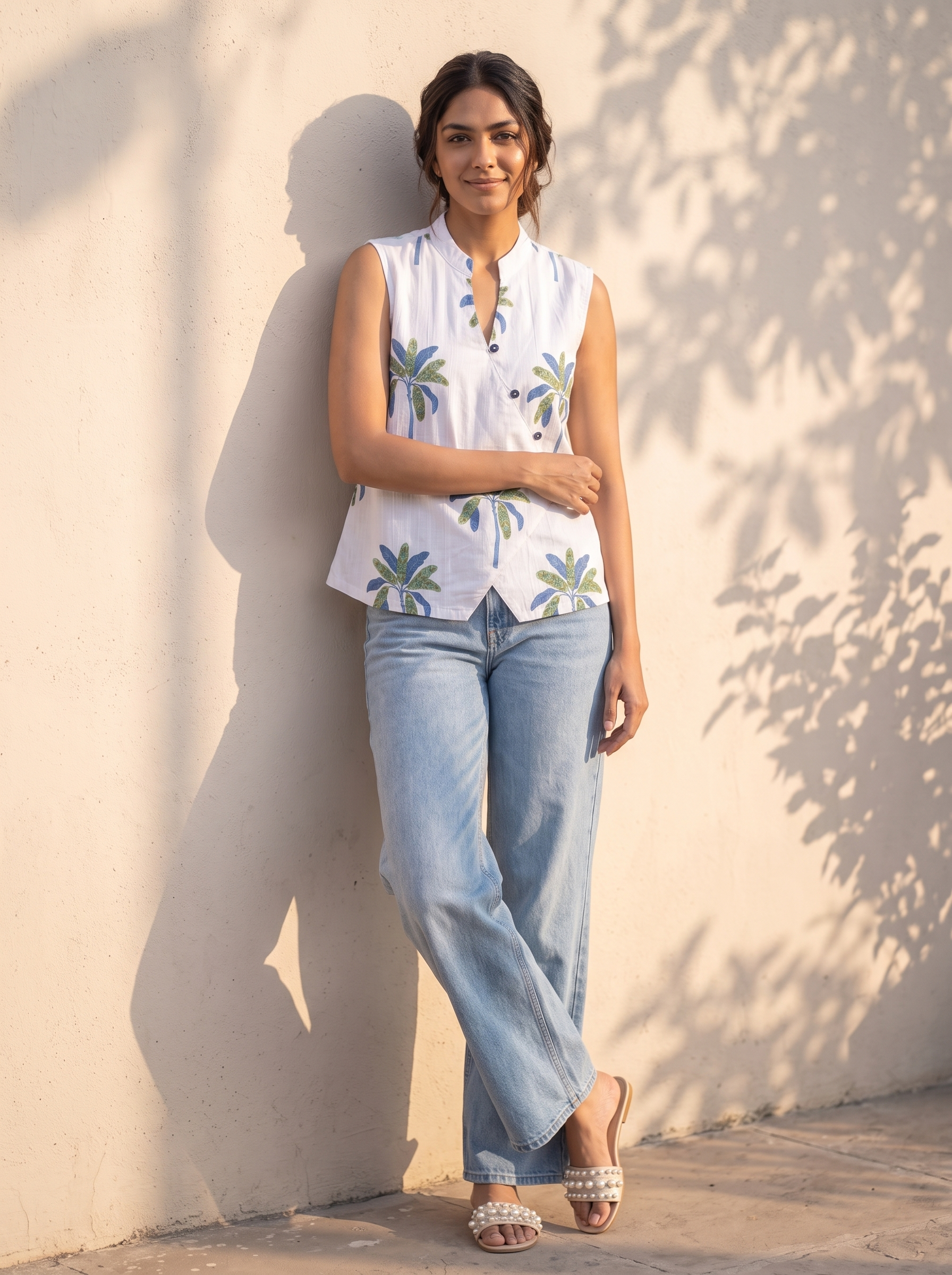Crop Top #139 – Handloom Organic Cotton Top with Palm Tree Print in Off White