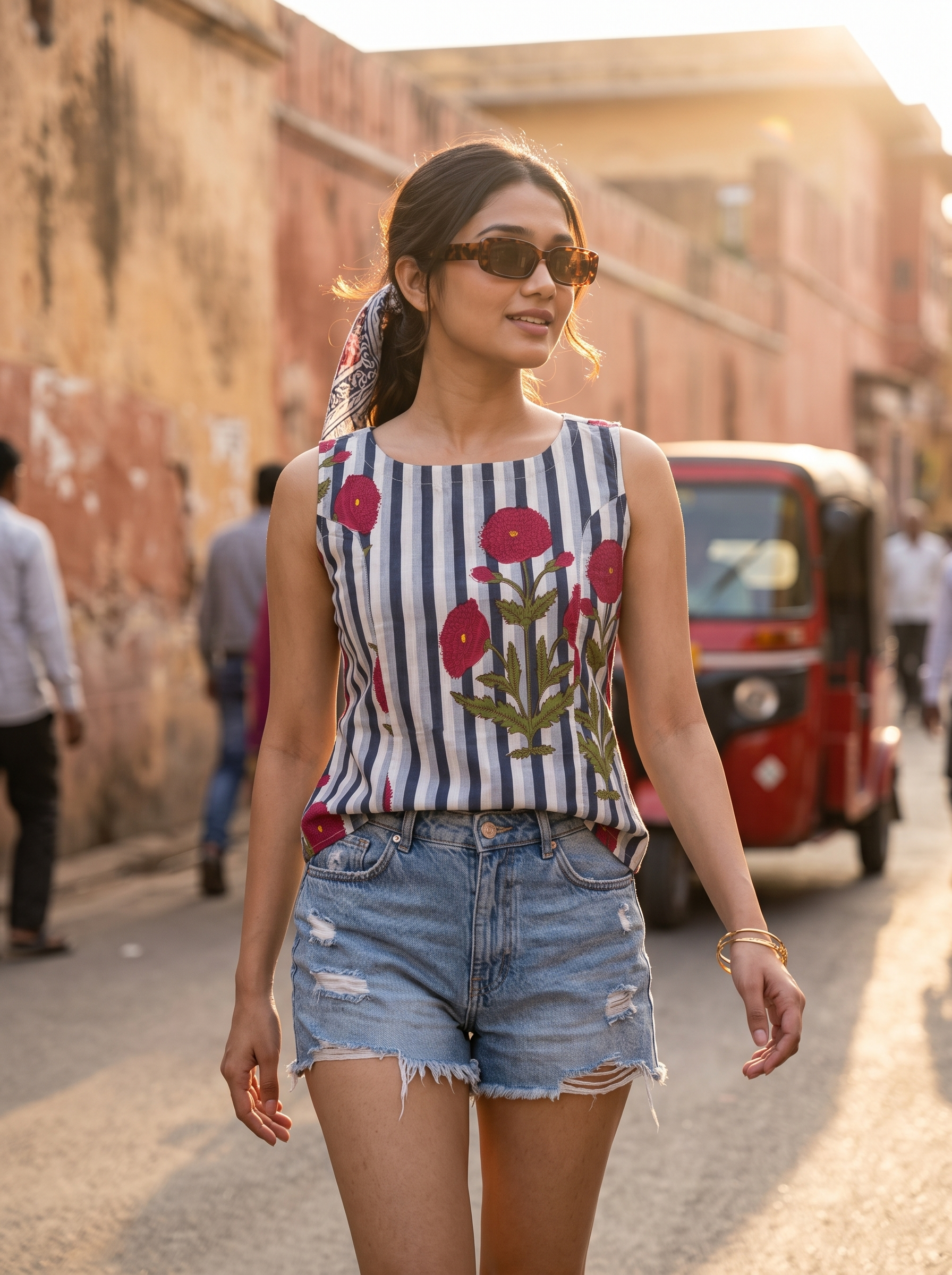 Crop Top #142 – Handloom Organic Cotton Top with Floral Stripes in Indigo Blue