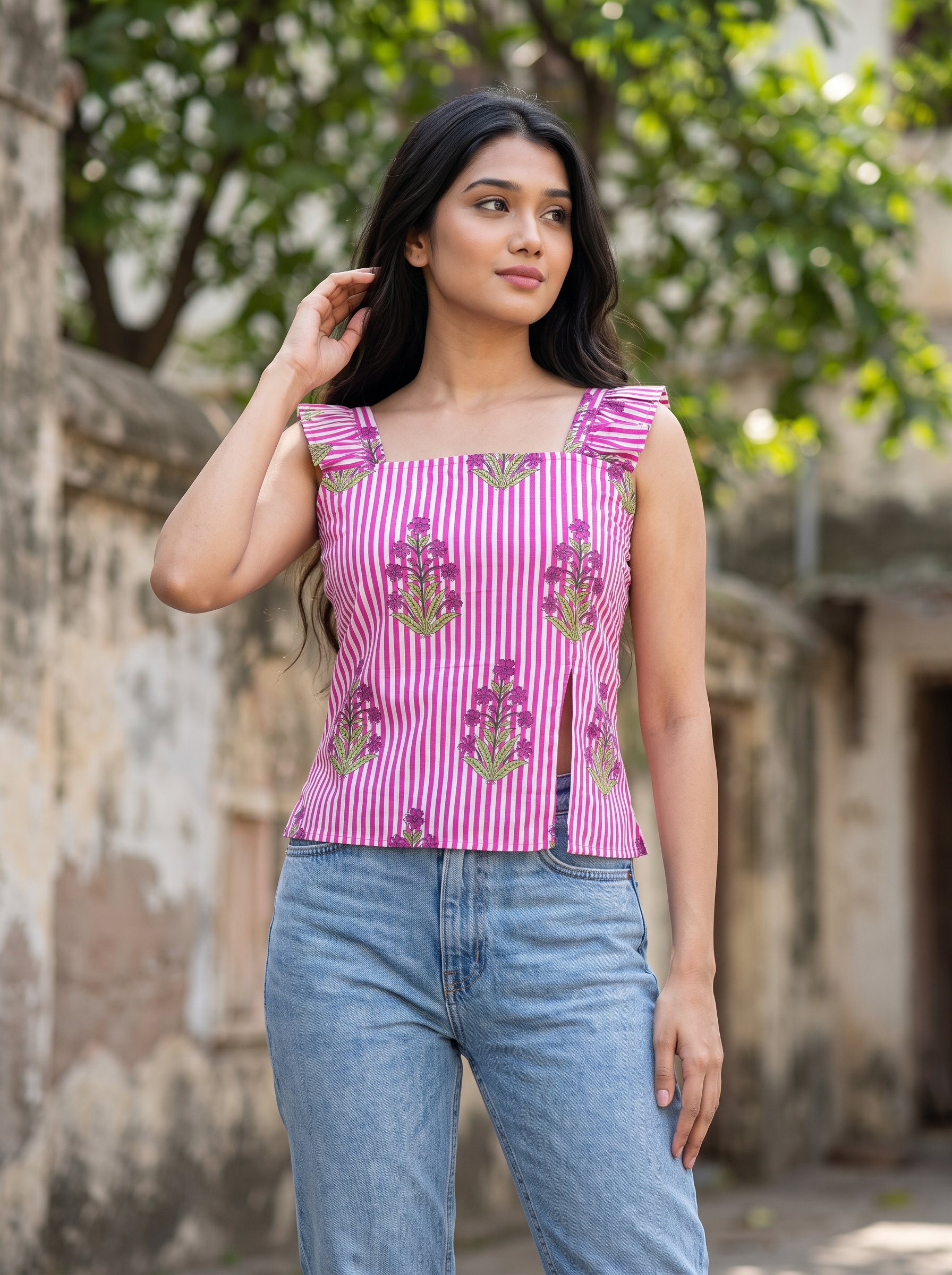 Crop Top #140 – Handloom Organic Cotton Top with Floral & Stripe Print in Fuchsia Pink