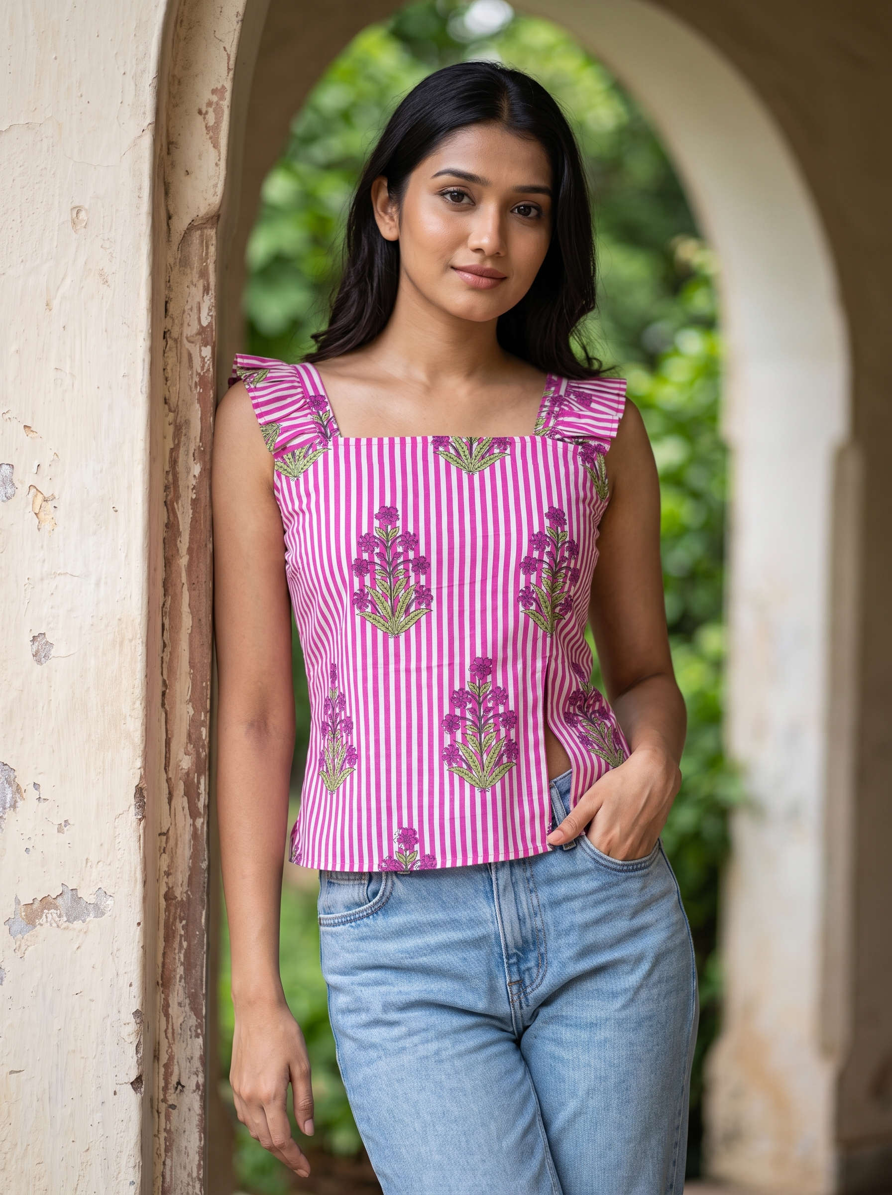Crop Top #140 – Handloom Organic Cotton Top with Floral & Stripe Print in Fuchsia Pink
