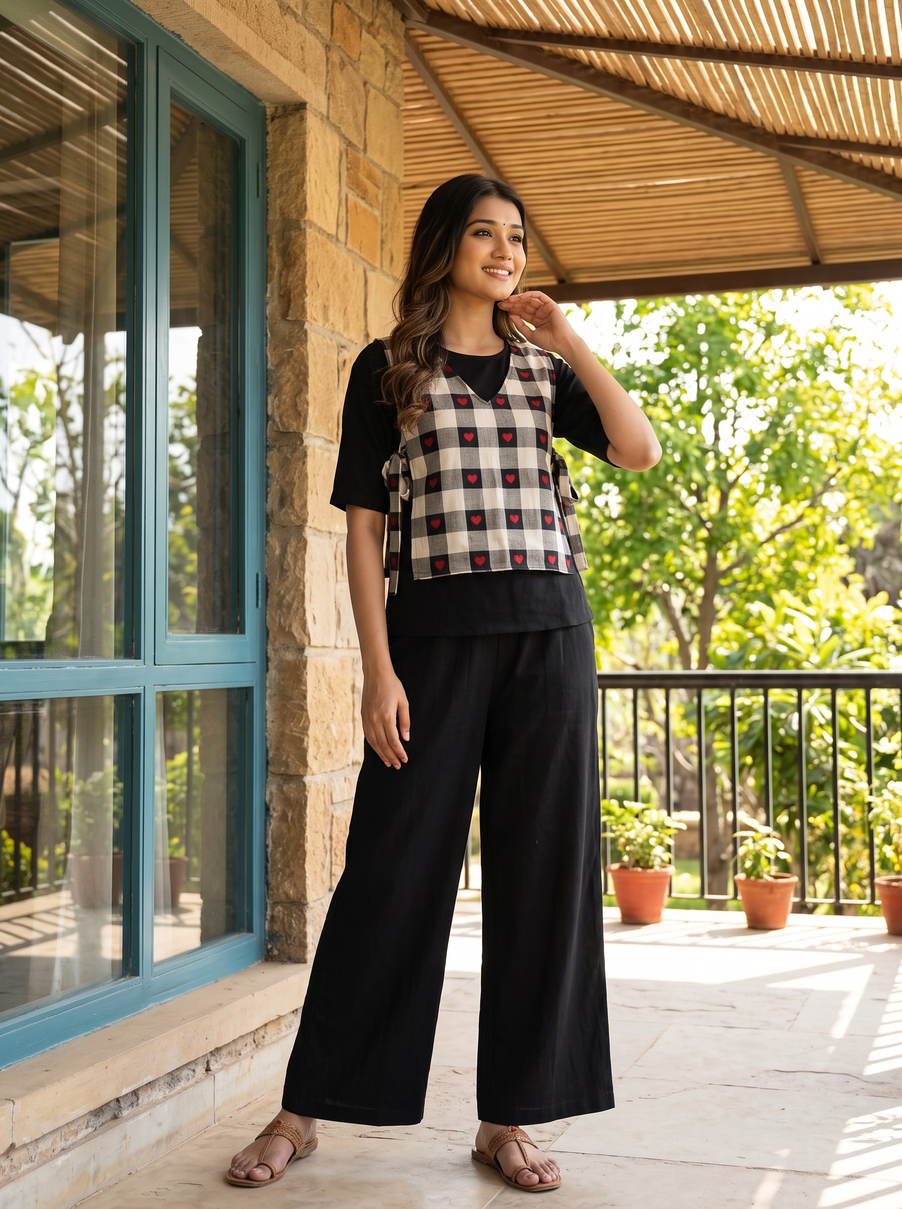 Neysa Co-ord Set – Heart Check Handloom Cotton Co-ord Set in Black & Beige