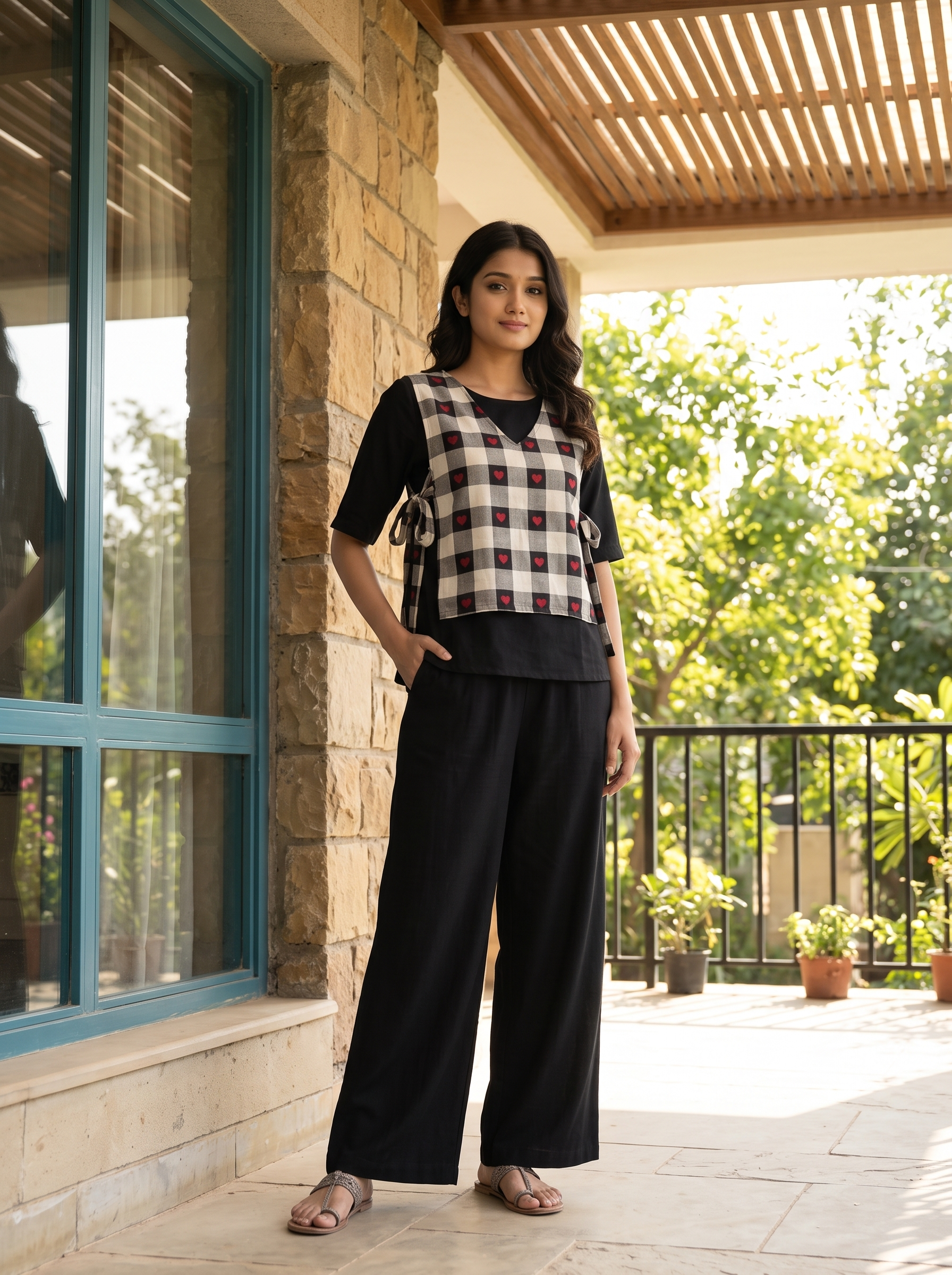 Neysa Co-ord Set – Heart Check Handloom Cotton Co-ord Set in Black & Beige