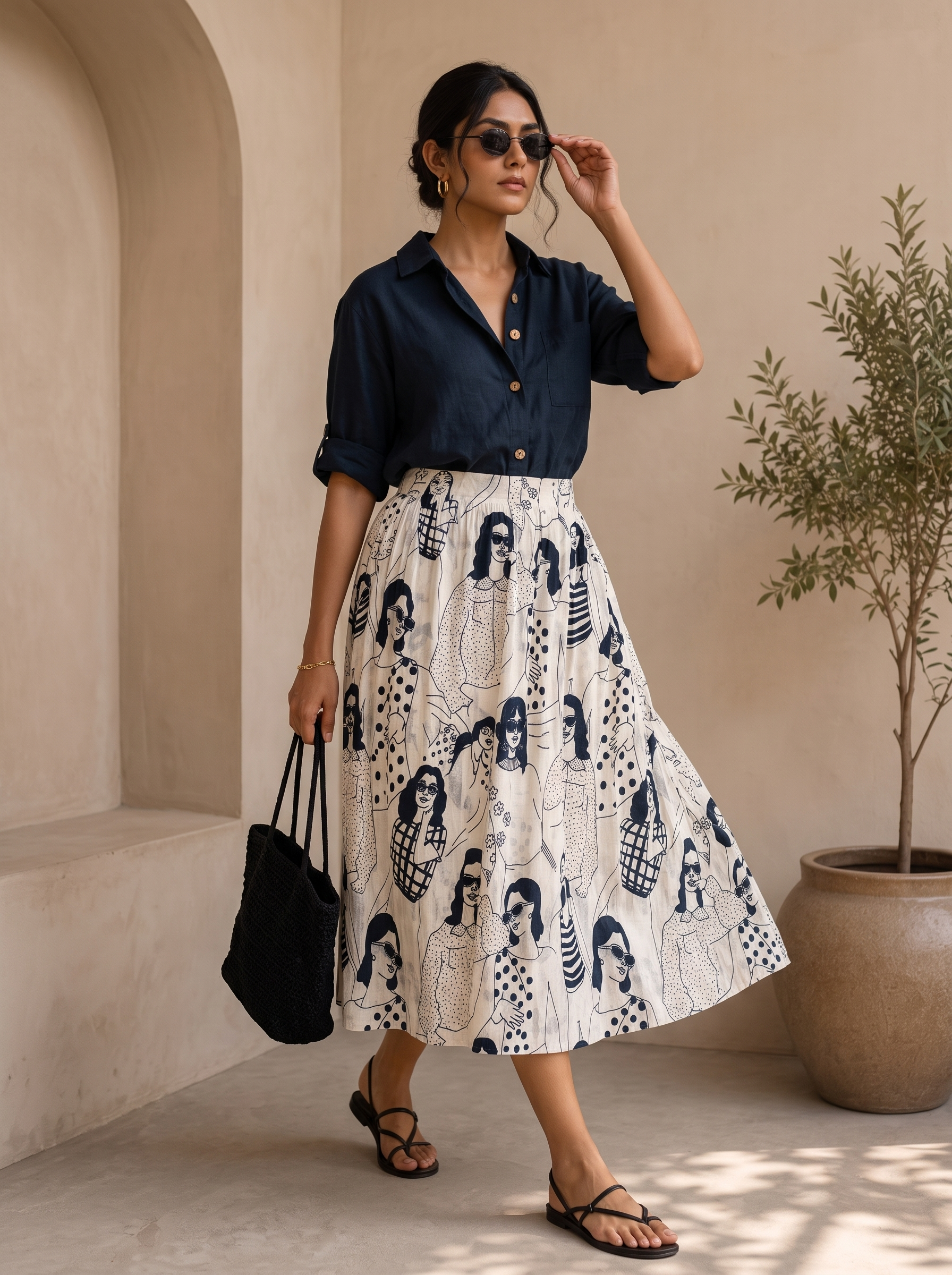 Parisian Muse Sketch Skirt Set – Pure Organic Cotton Skirt with Solid Navy Blue Shirt