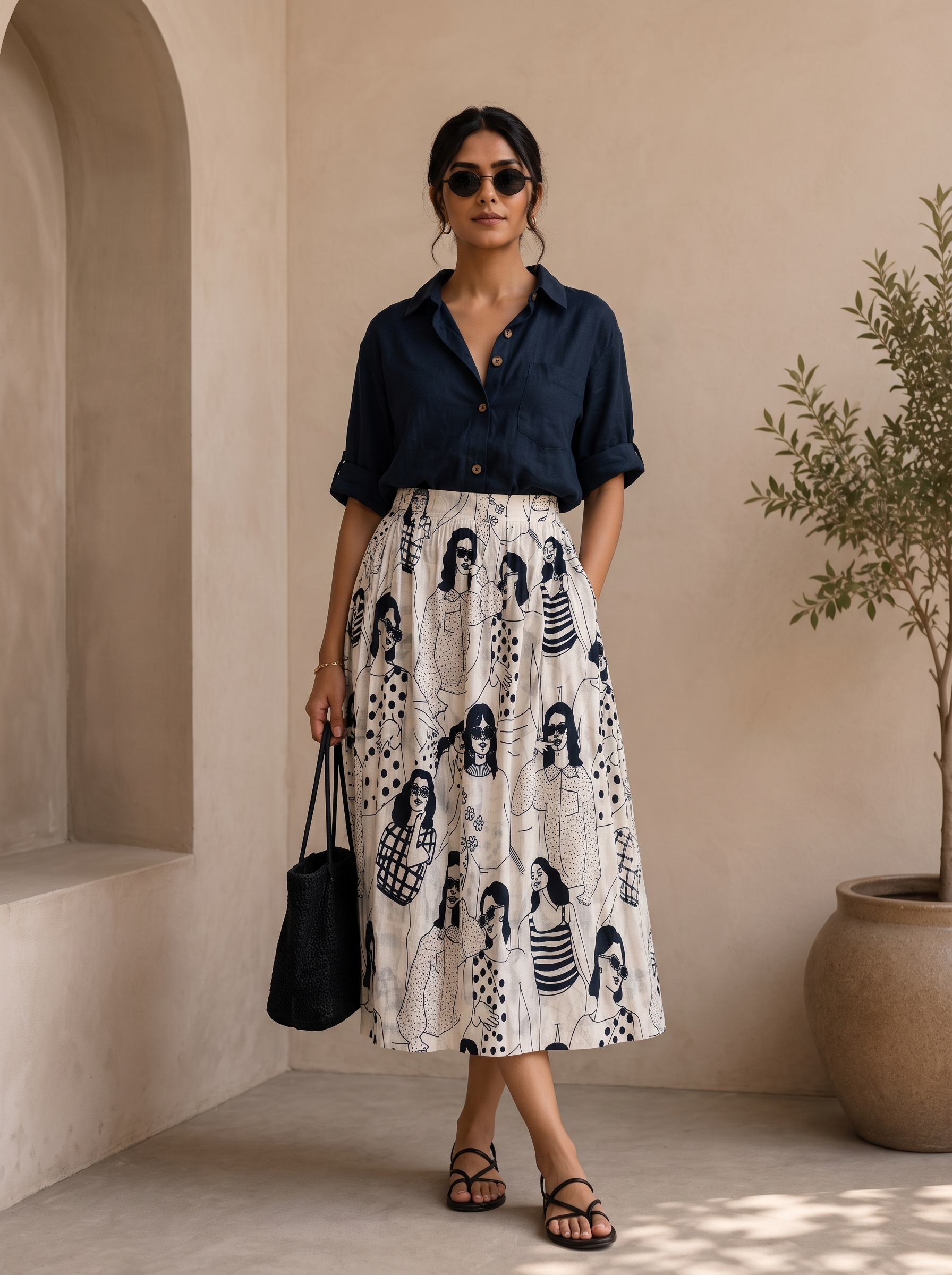 Parisian Muse Sketch Skirt Set – Pure Organic Cotton Skirt with Solid Navy Blue Shirt