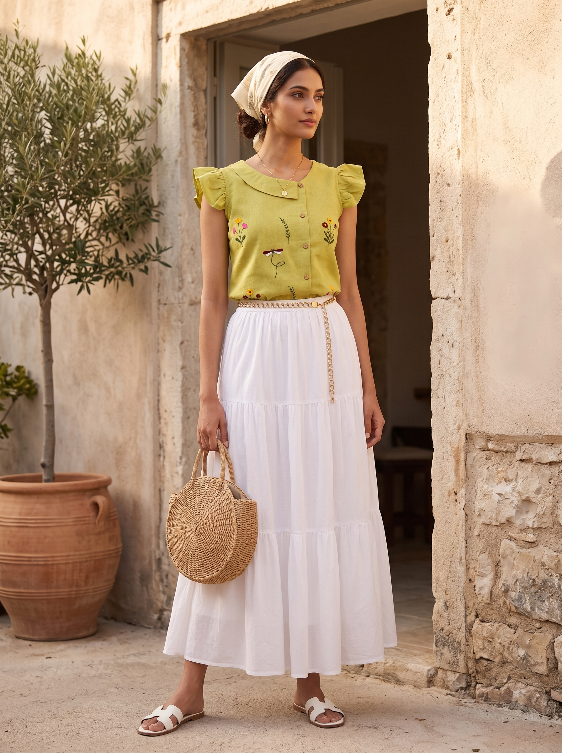 Crop Top #144 – Handloom Organic Cotton Top with Floral Embroidery in Lime Green