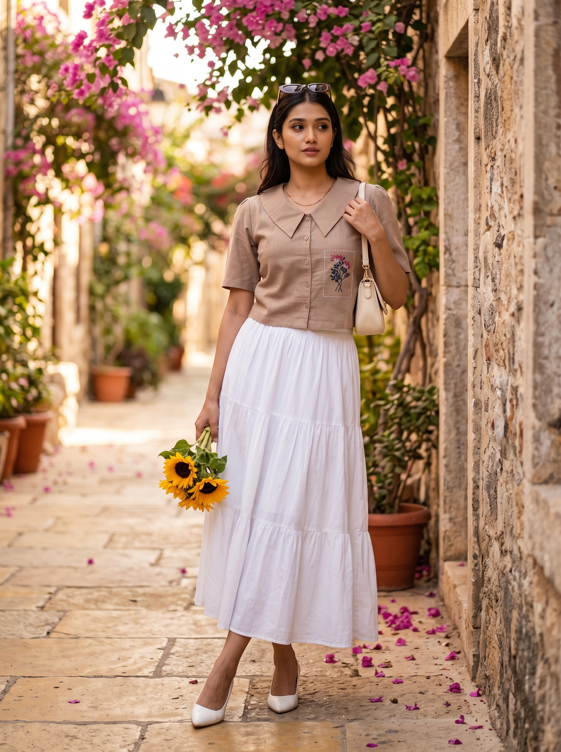 Crop Top #146 – Handloom Organic Cotton Top with Floral Embroidery in Beige