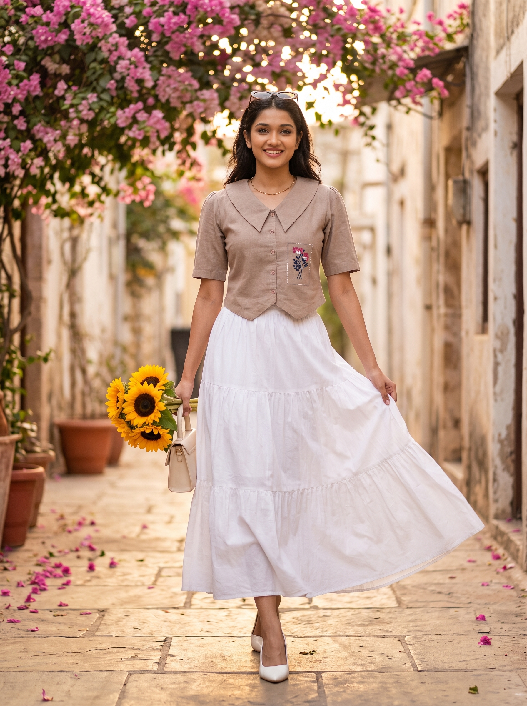 Crop Top #146 – Handloom Organic Cotton Top with Floral Embroidery in Beige