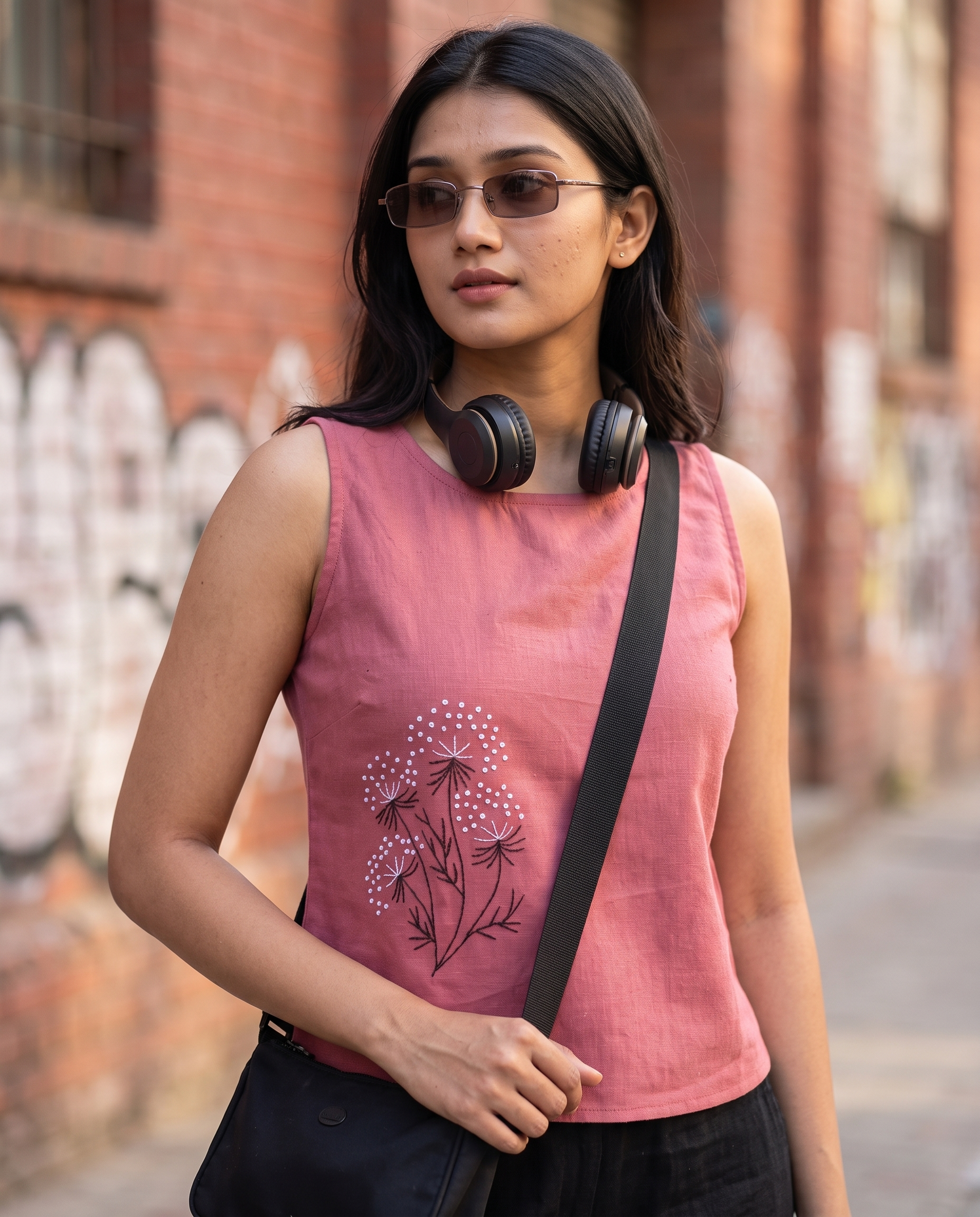 Crop Top #148 – Handloom Organic Cotton Top with Floral Embroidery in Dusty Rose