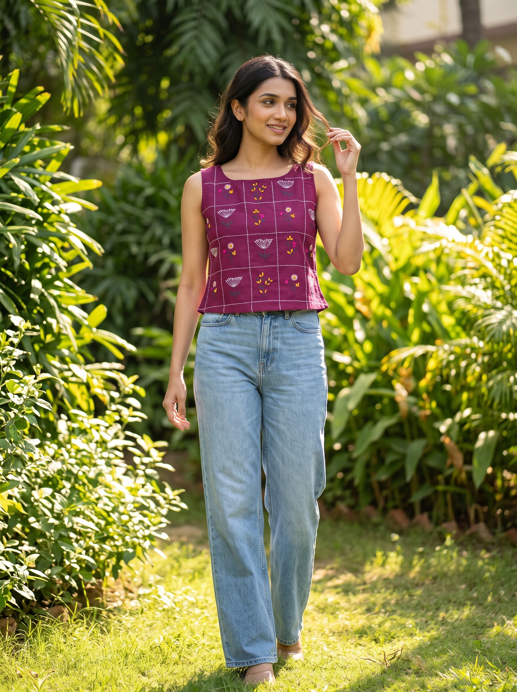 Crop Top #149 – Handloom Organic Cotton Top with Floral Grid Print in Berry Purple